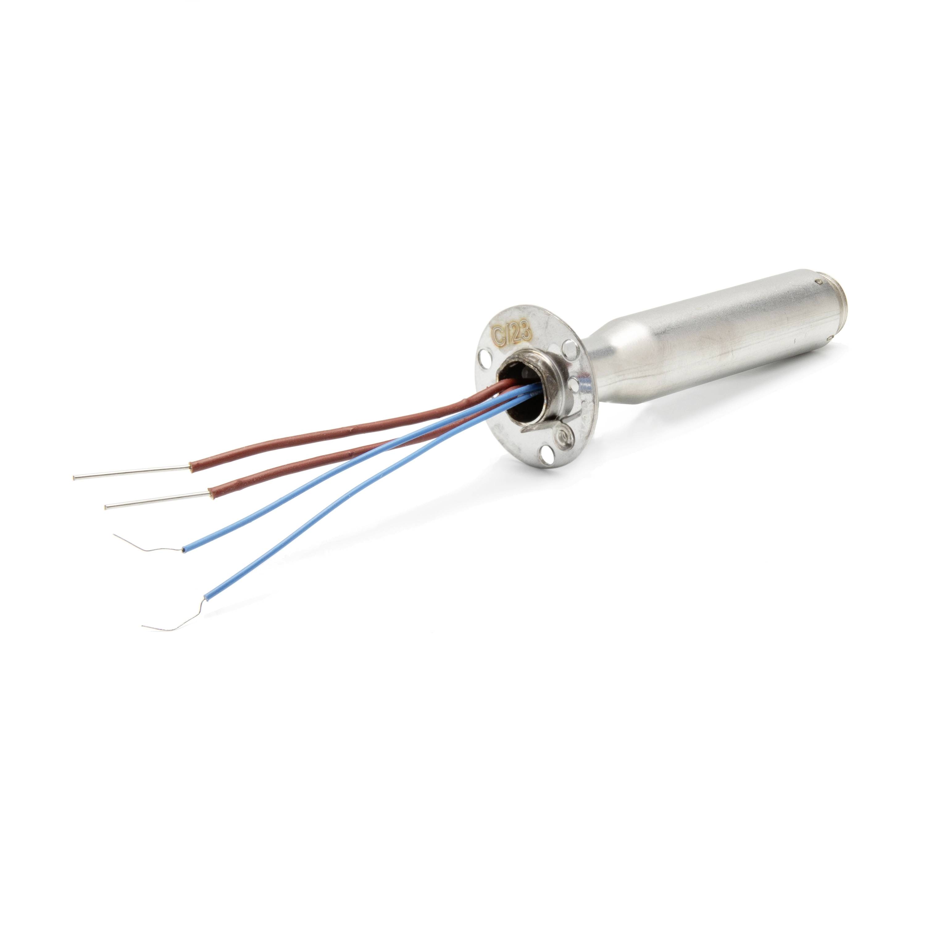 Stainless steel cylindrical sensor with four color-coded wires extending from one end
