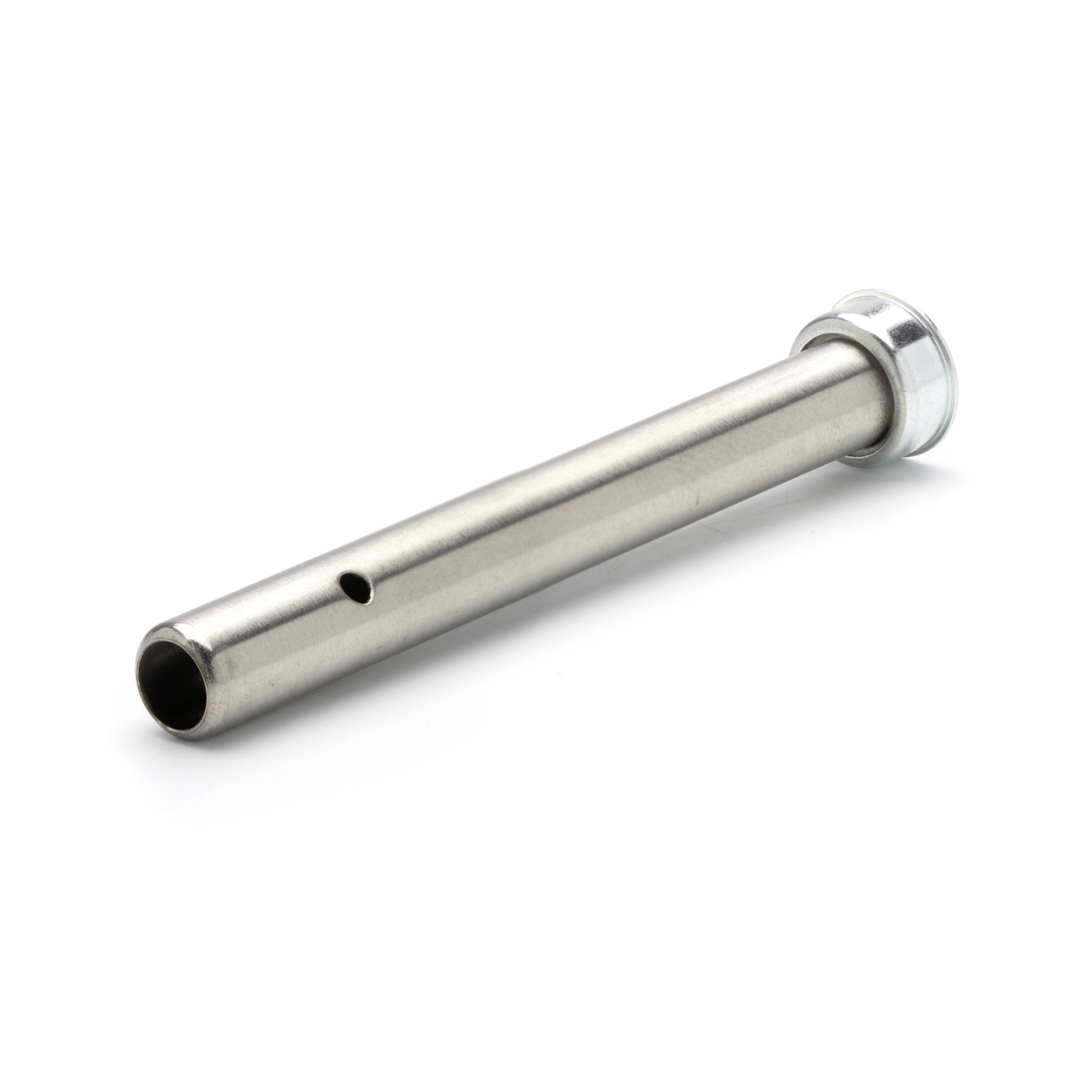 Metal cylindrical pin or tube with a side hole and flanged end, shown isolated on a white background.