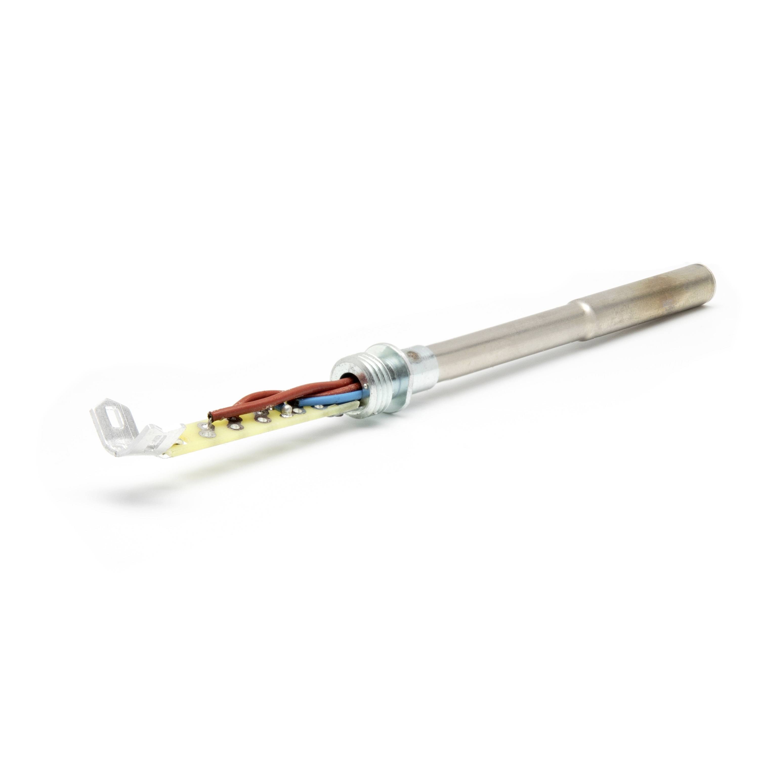 Close-up of a metal temperature sensor or probe with exposed colored wires on a white background.
