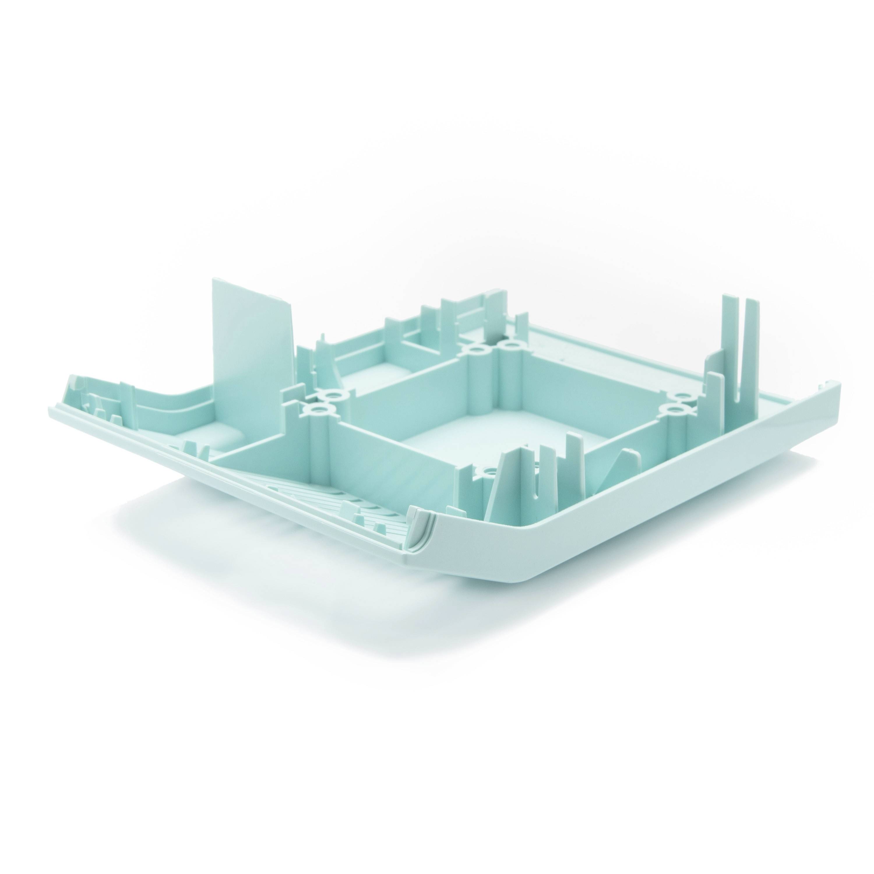 Light aqua plastic chassis or tray frame shown in perspective on a white background, with raised edges and internal mounting posts.