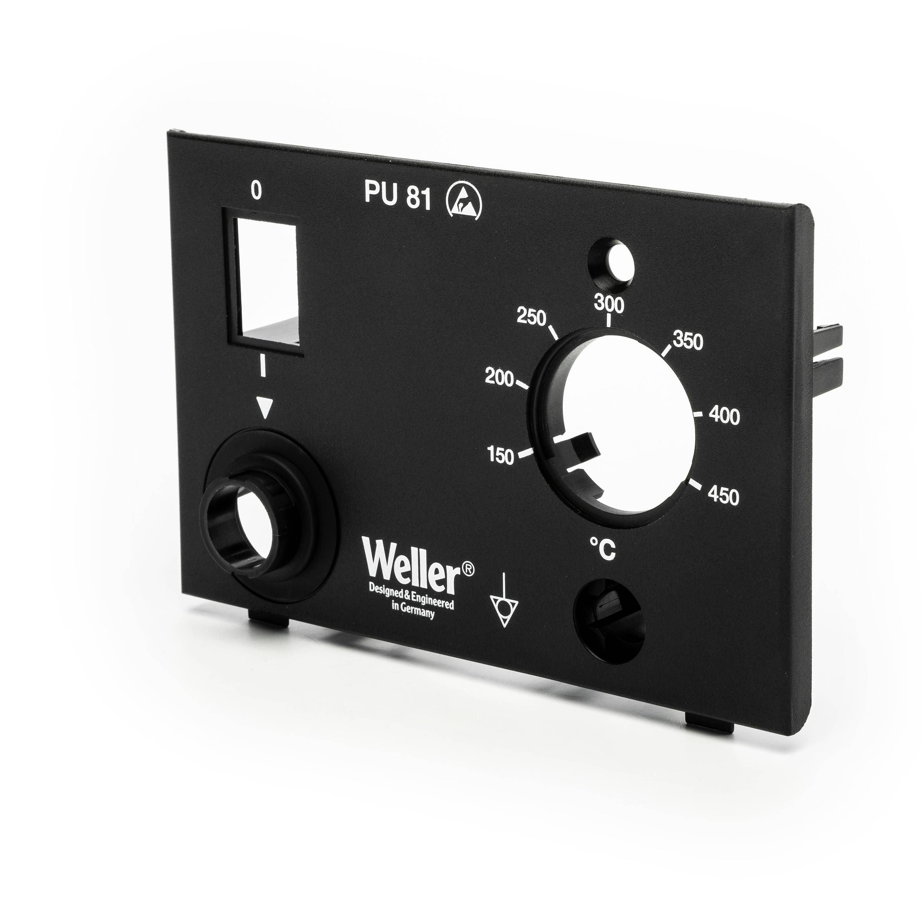 Black thermostat control panel labeled 'Weller' with a circular temperature dial marked 150 to 450°C and a switch opening.