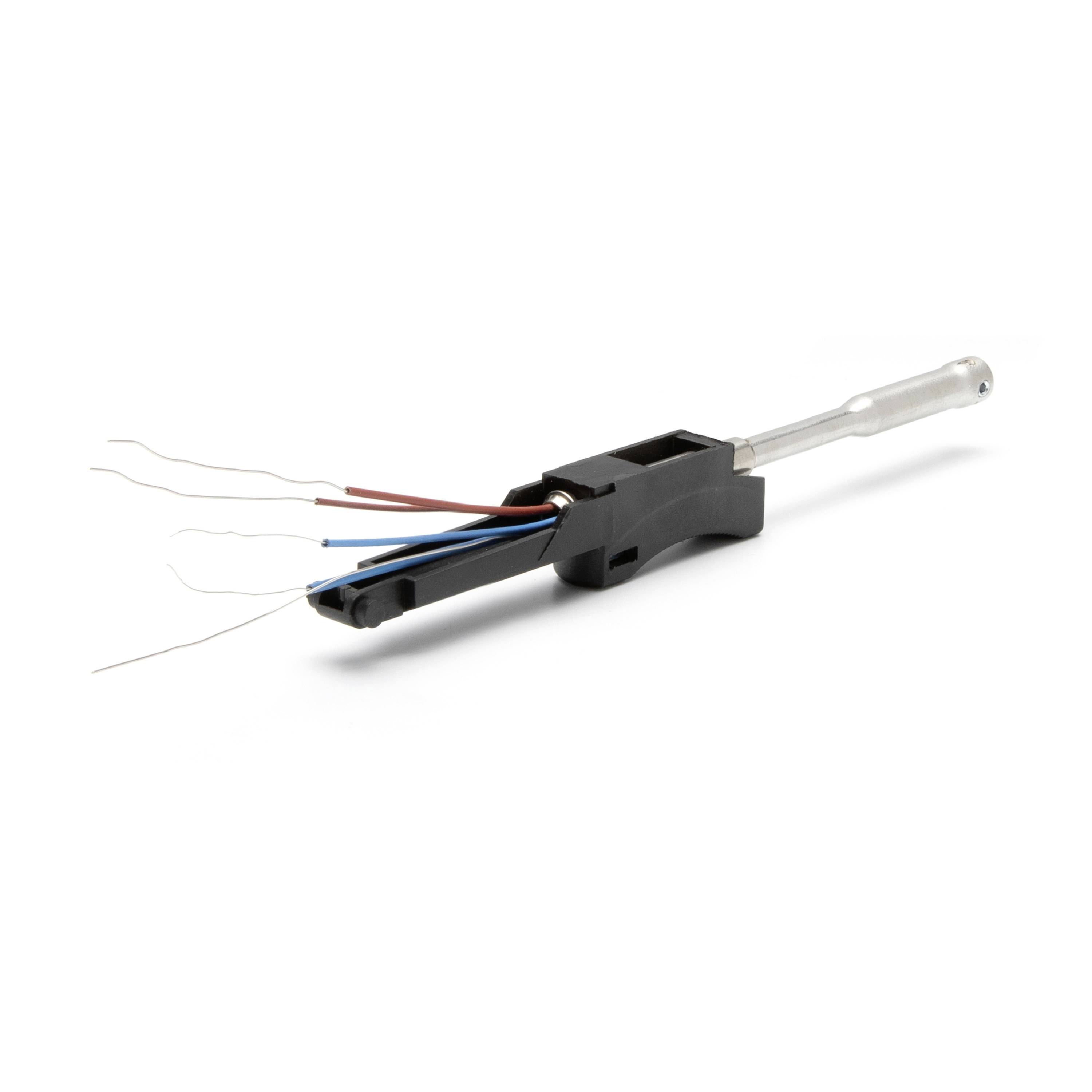 Small black electrical connector with several colored wires and a clear plastic handle on a white background.
