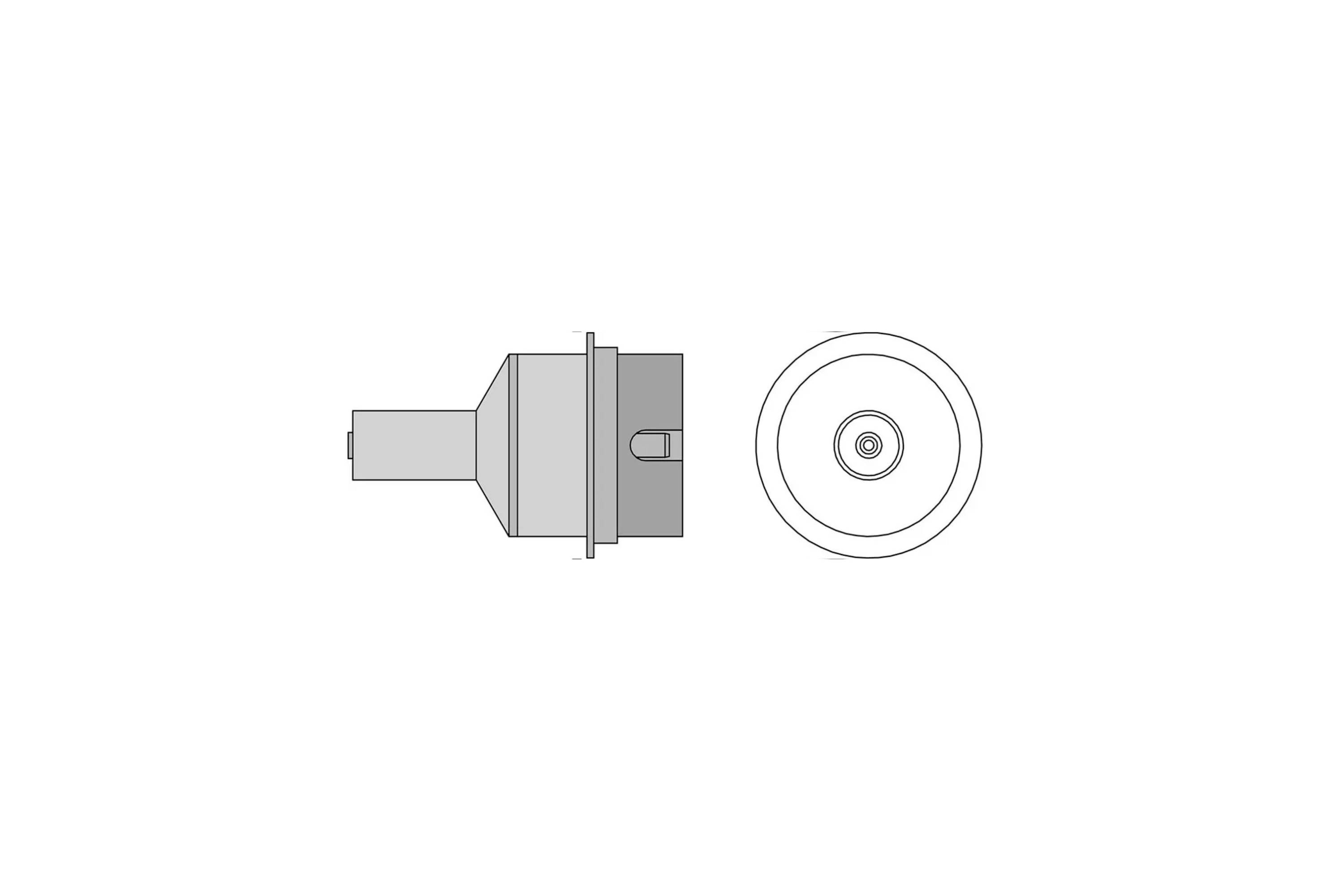 Technical diagram of a cylindrical mechanical part shown in side and front views, with a shaft on the left and concentric circular face on the right.