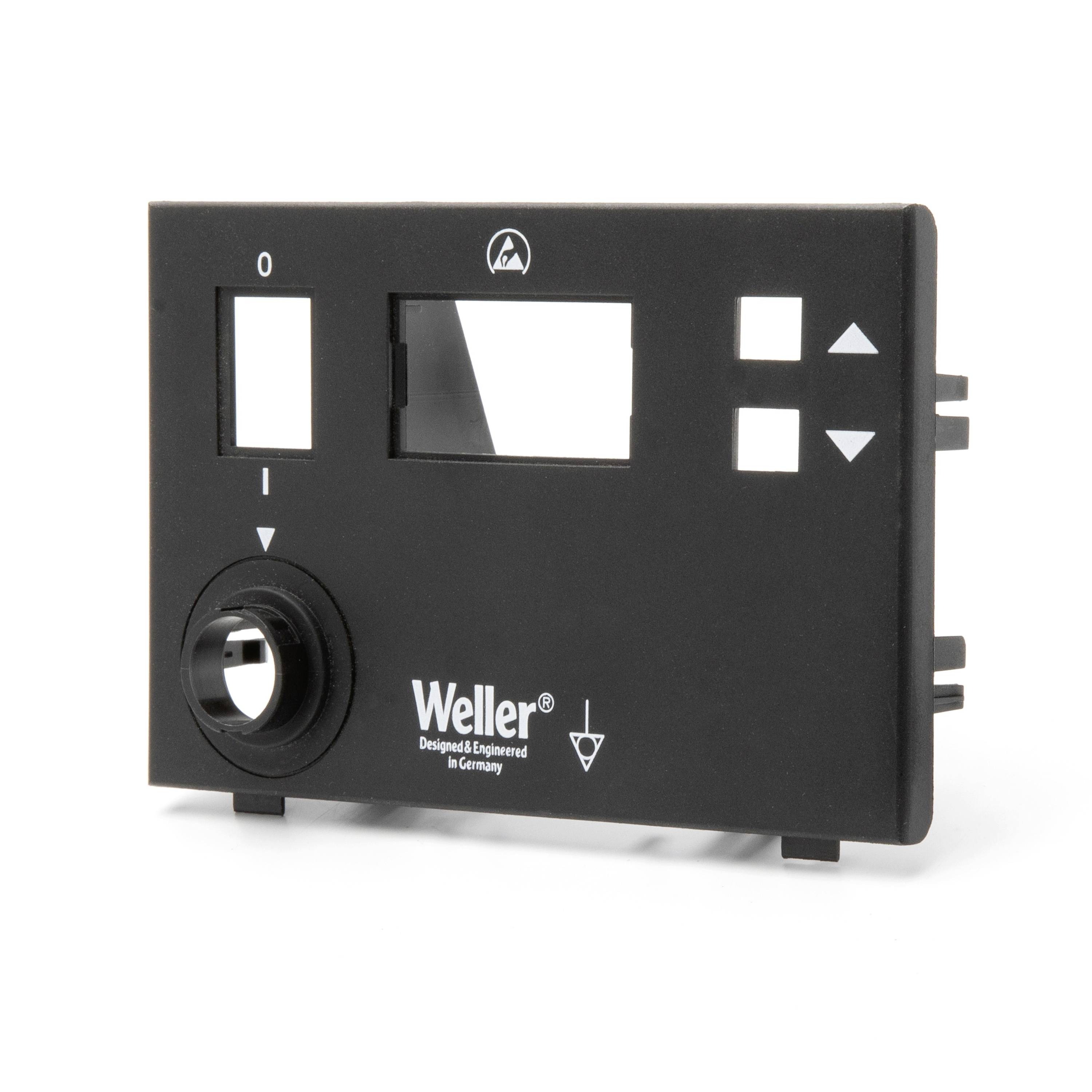 Black Weller control panel with display cutout, toggle switch, selector buttons, and rotary knob for adjusting device settings.