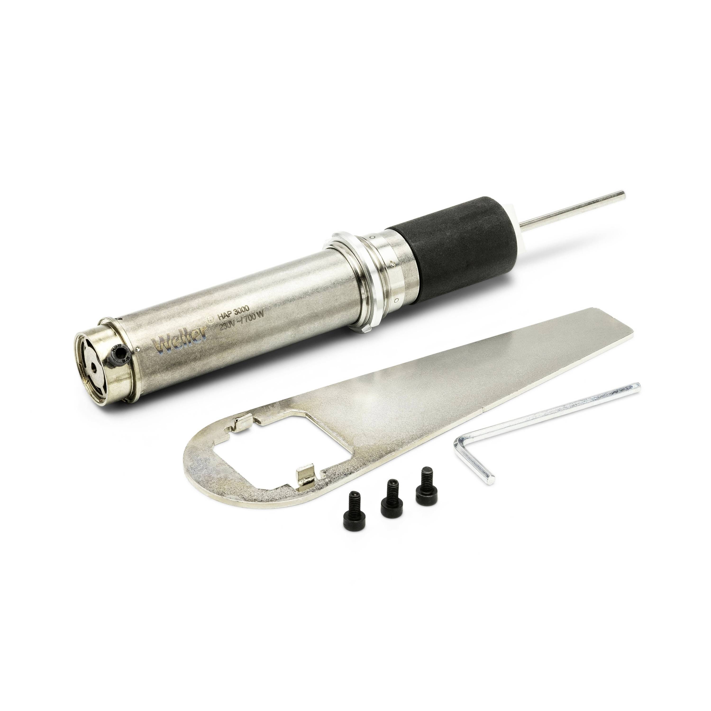 Metal soldering iron with detachable blade, Allen key, and three screws on a white background.