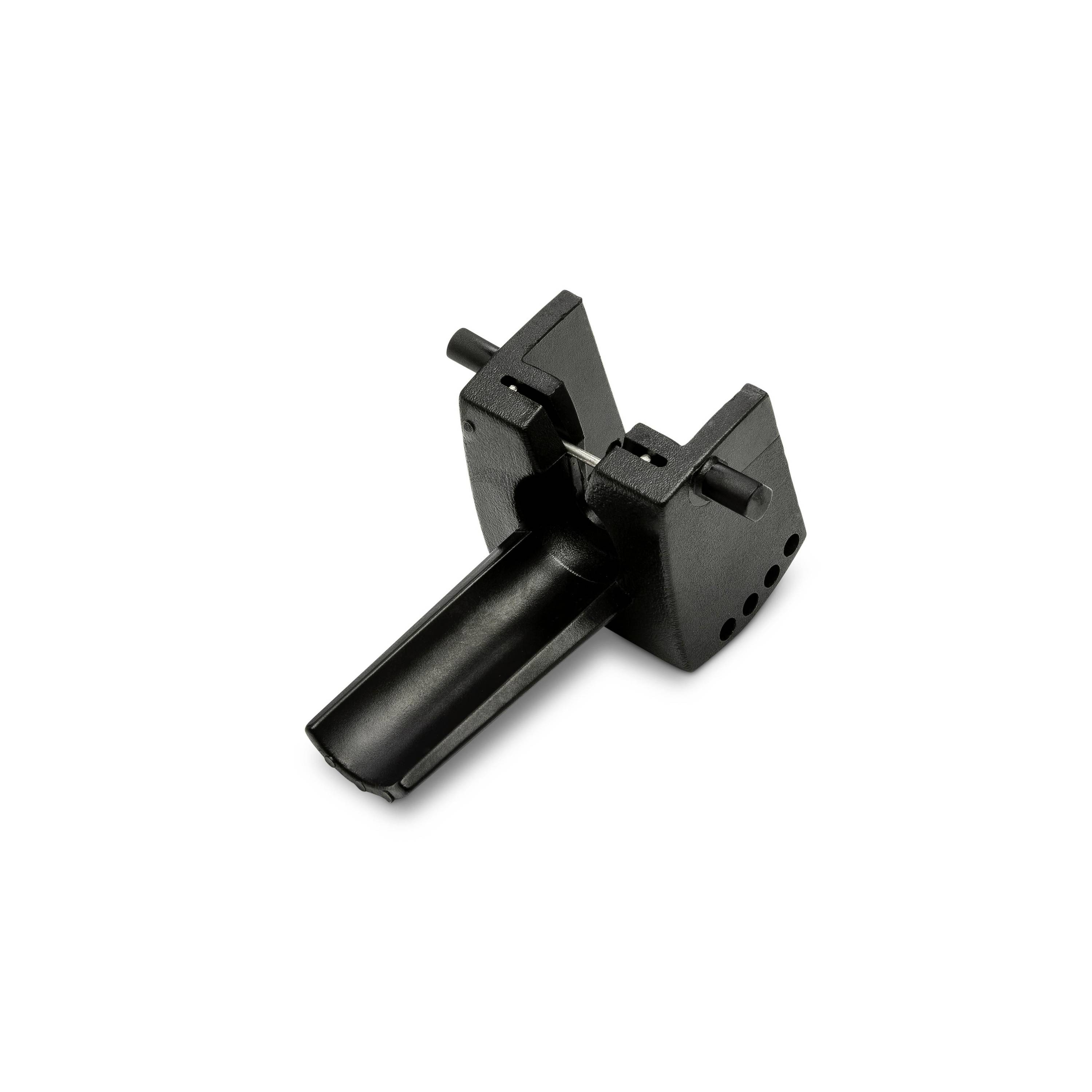 Black plastic clamp with a tapered handle and side pins, shown isolated on a white background.