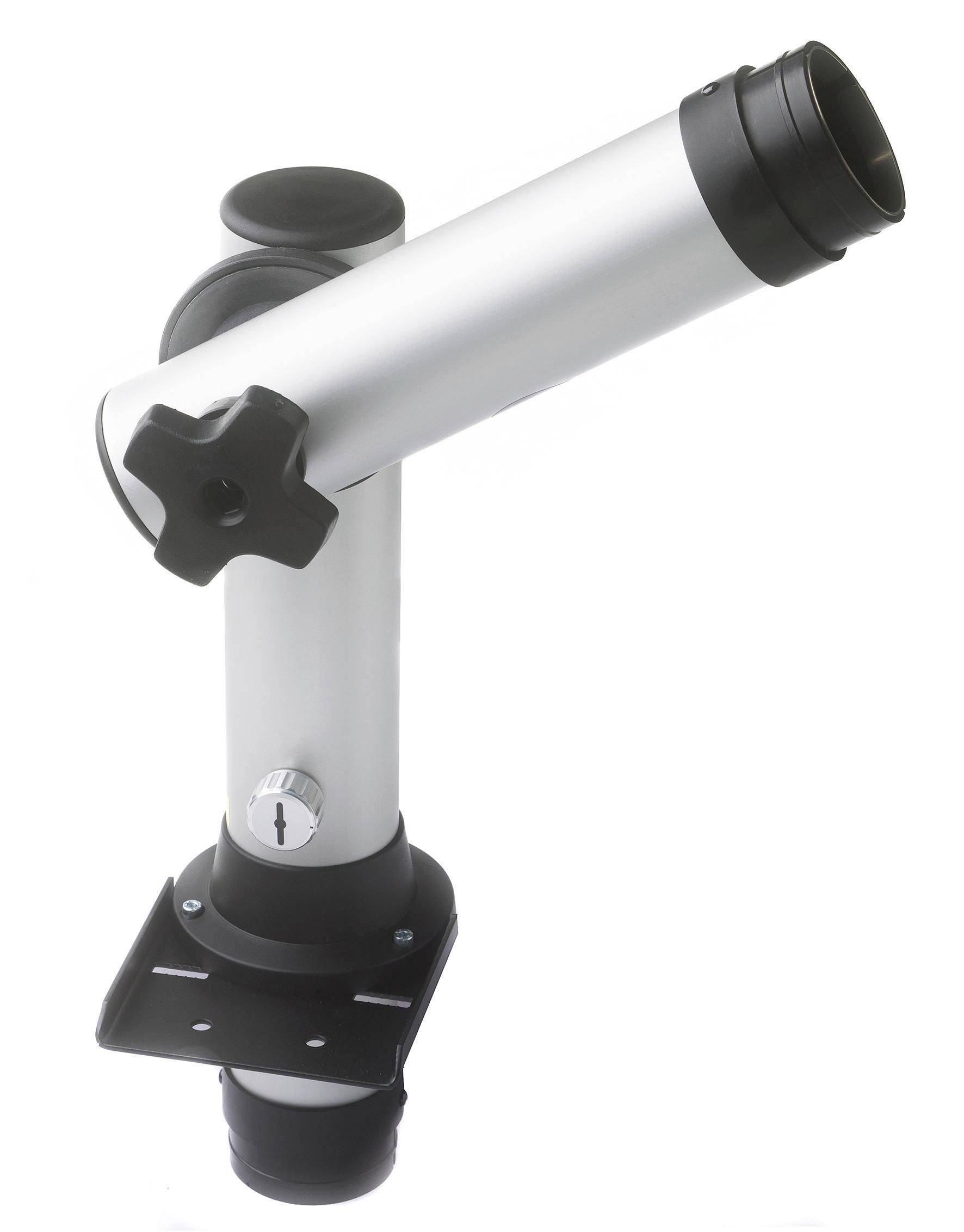 Close-up of a silver adjustable telescope finder scope mounted on a black bracket against a white background.