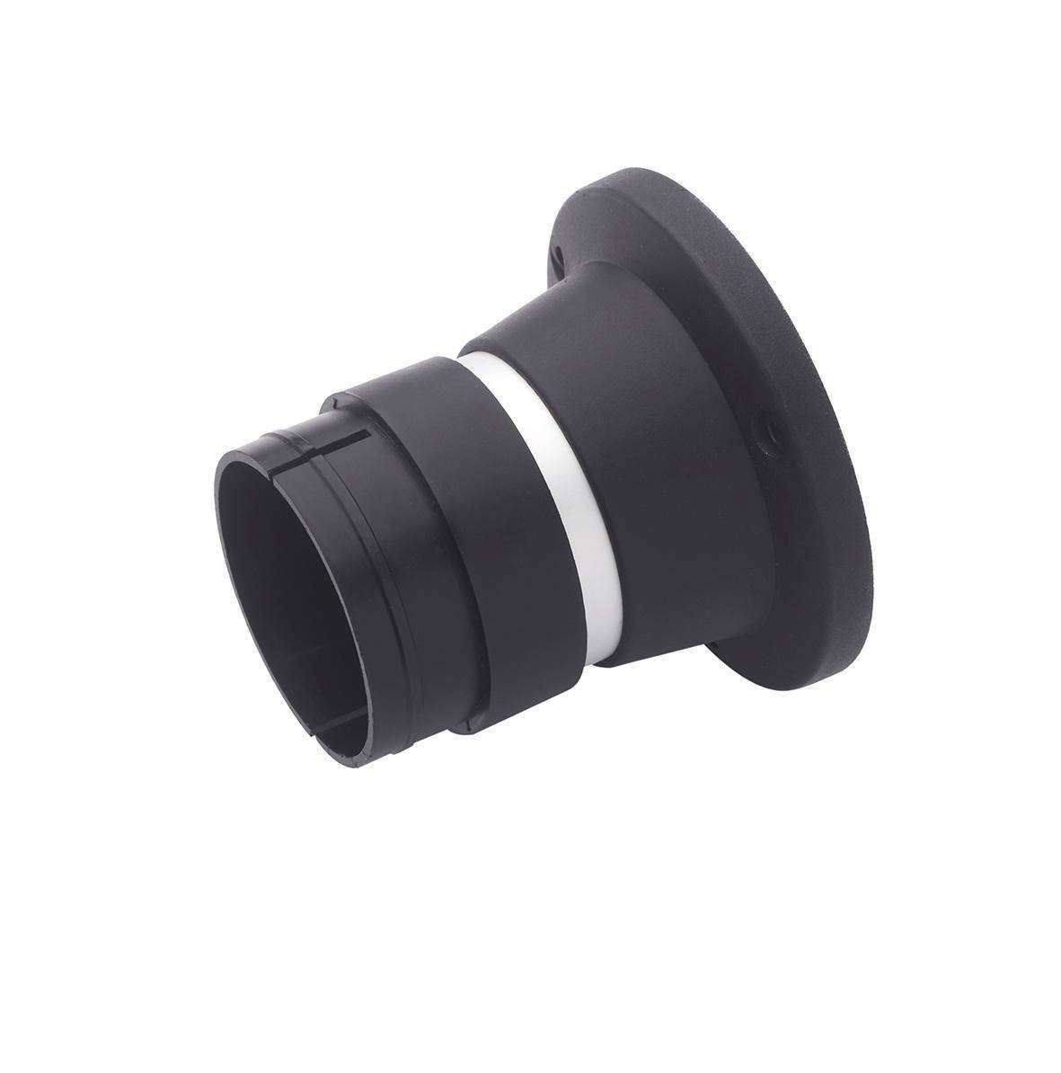 Black plastic pipe fitting with a wide mounting flange and white sealing ring, shown on a white background.