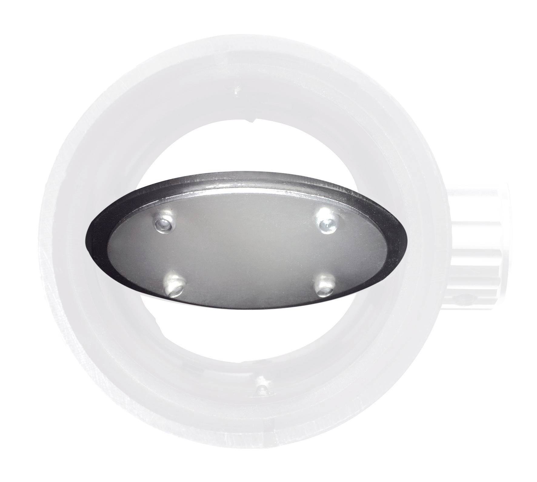Close-up of a circular metal mounting plate centered inside a translucent ring, shown on a white background.
