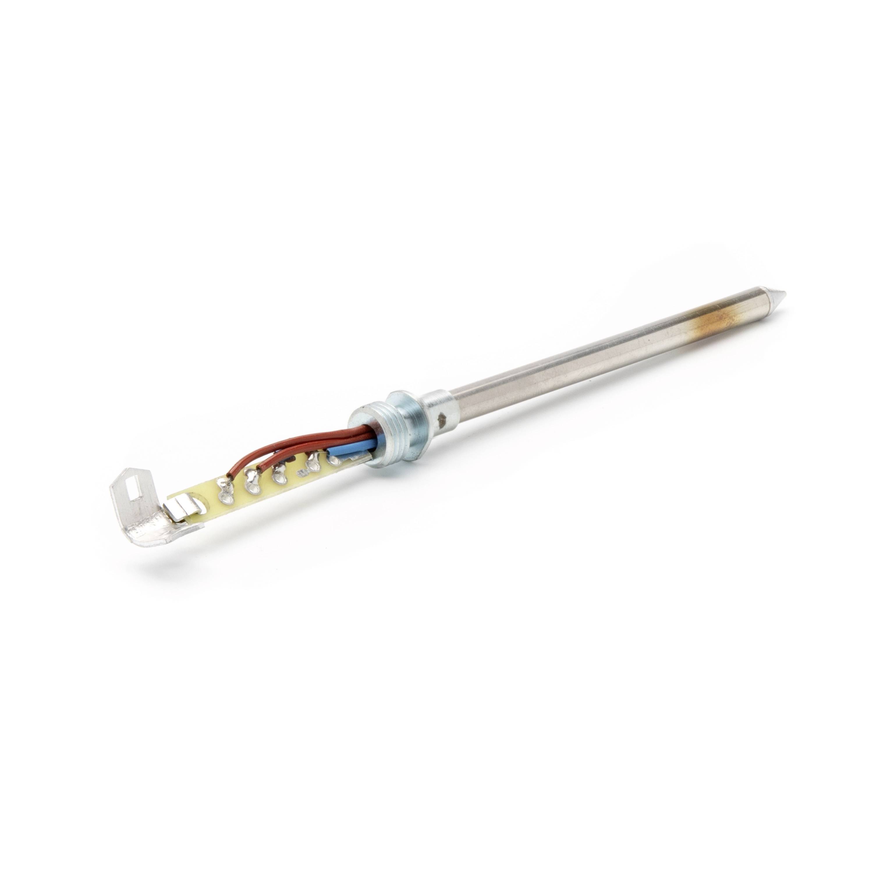 An electric soldering iron with a metal shaft, angled tip, and exposed internal wiring on a white background.