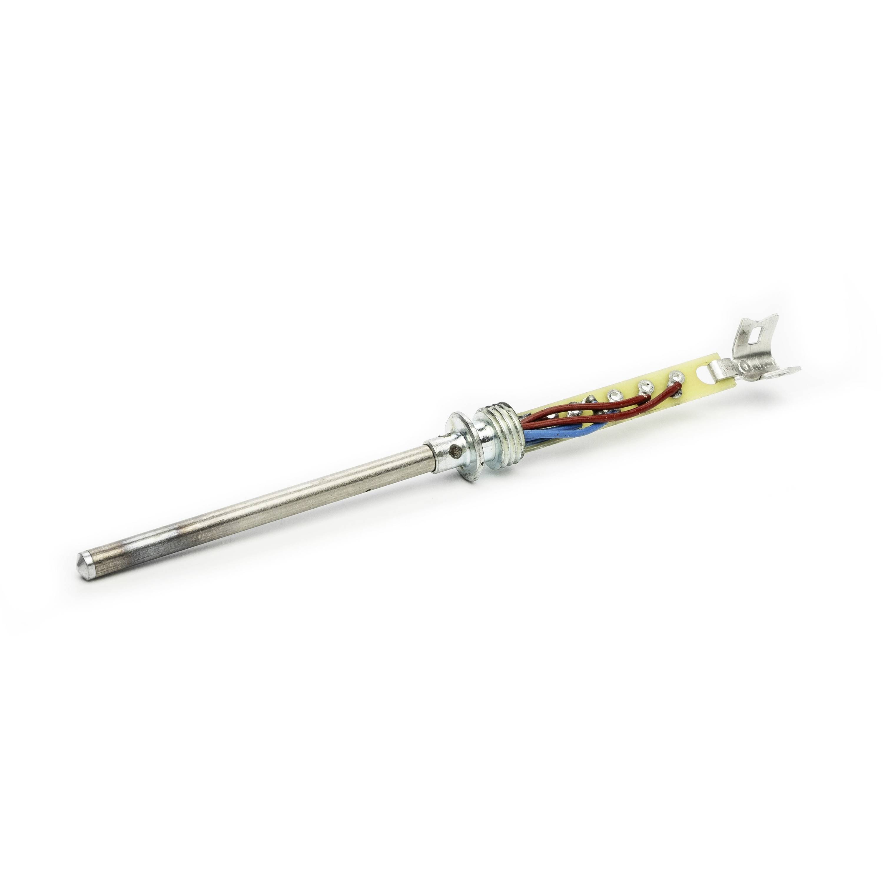 Metal temperature probe sensor with long silver shaft and attached wires on a white background.