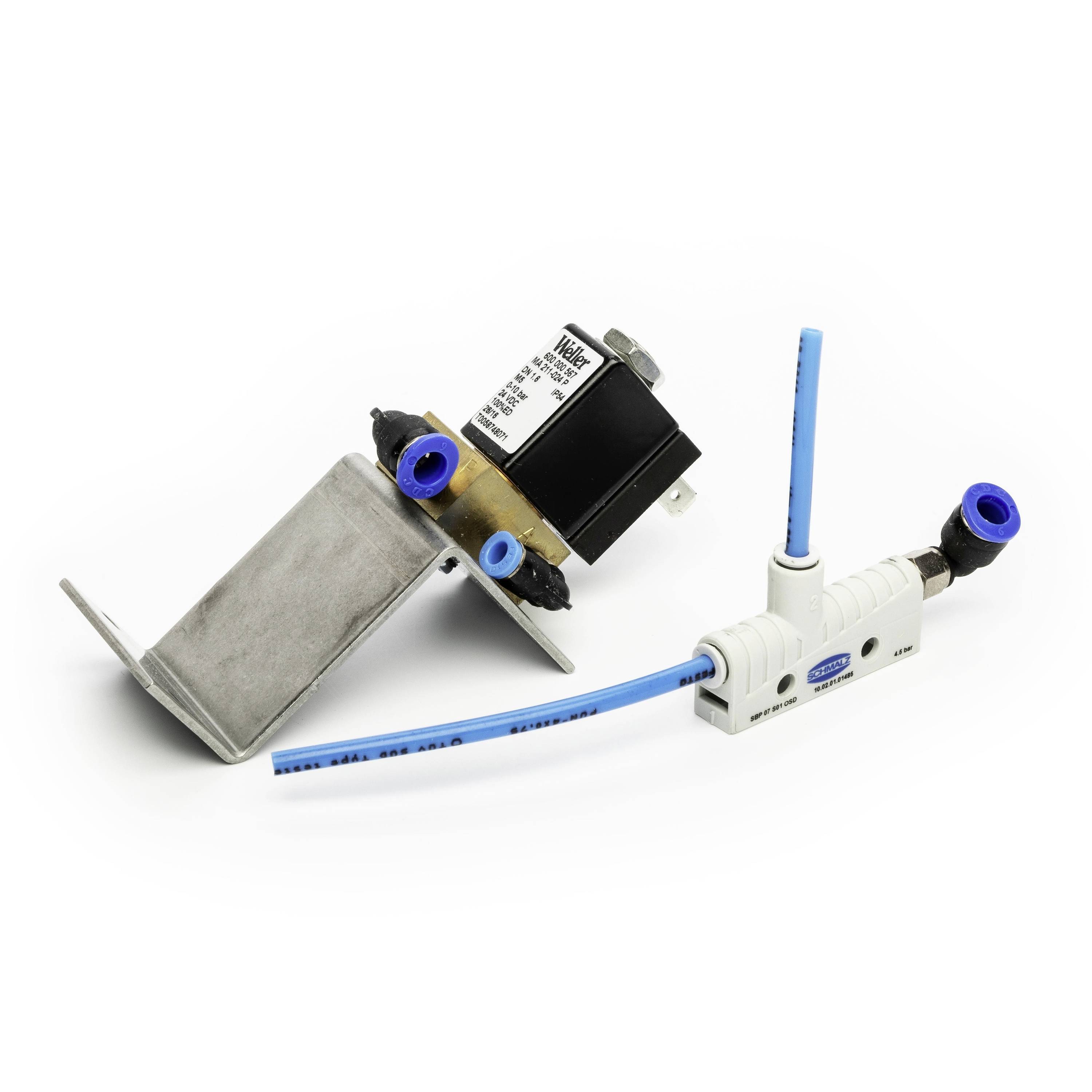 Two small industrial pneumatic valves with blue tubing and metal housings isolated on a white background.