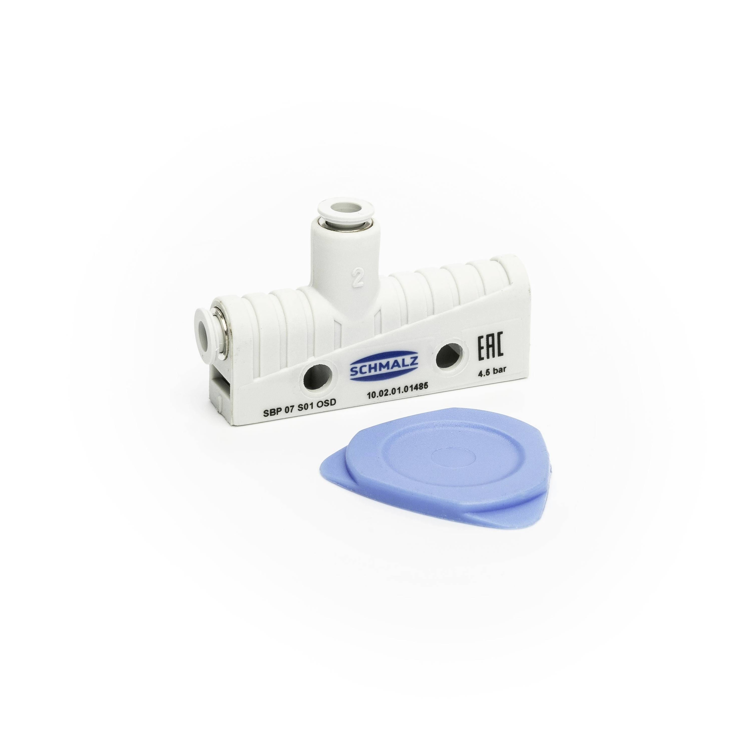 White Schmalz pneumatic suction cup fitting with blue protective cap on a white background.