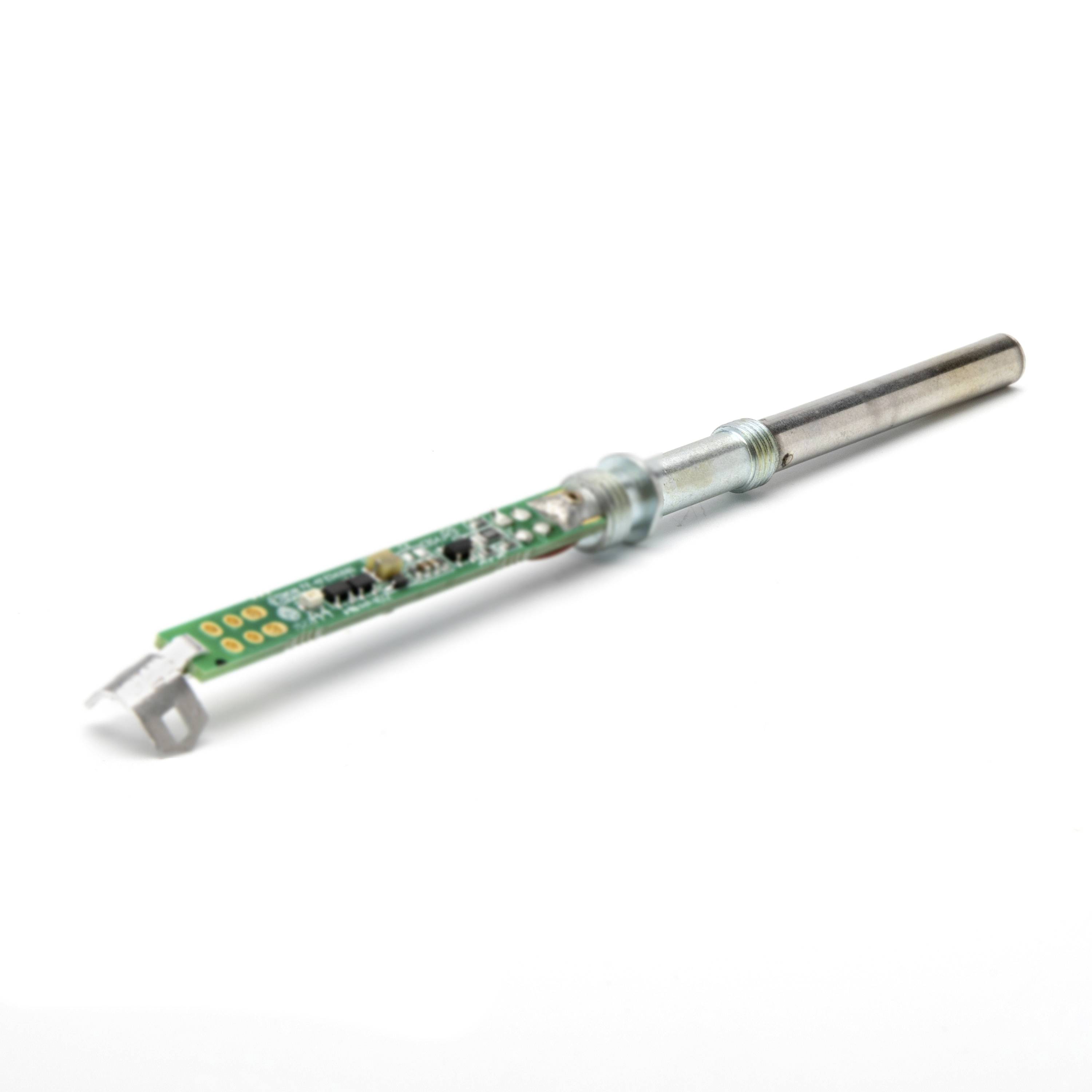 Close-up of a soldering iron tip with an exposed green circuit board-like shaft and metal handle on a white background.