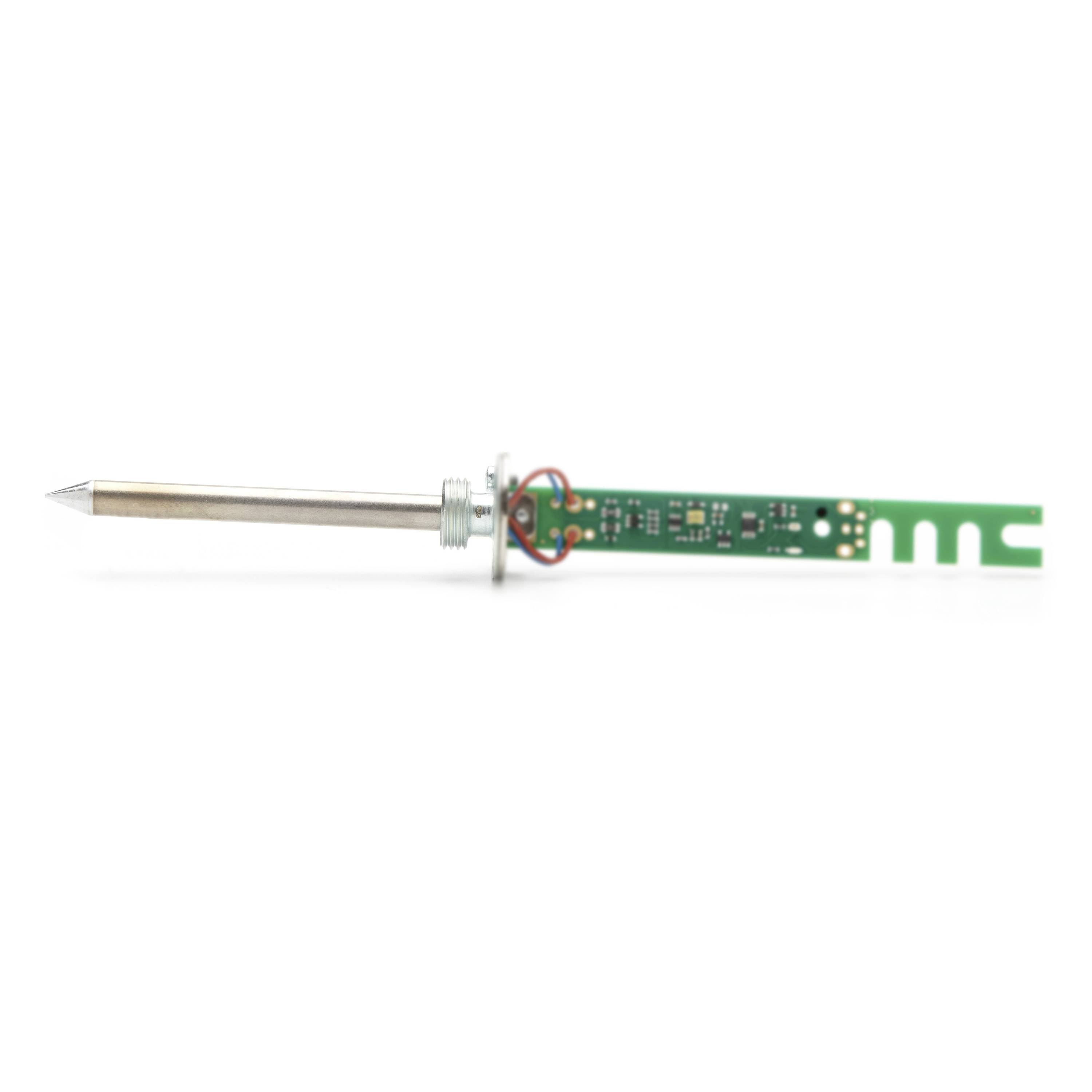 Metal probe sensor with a pointed tip and green circuit board on a white background.