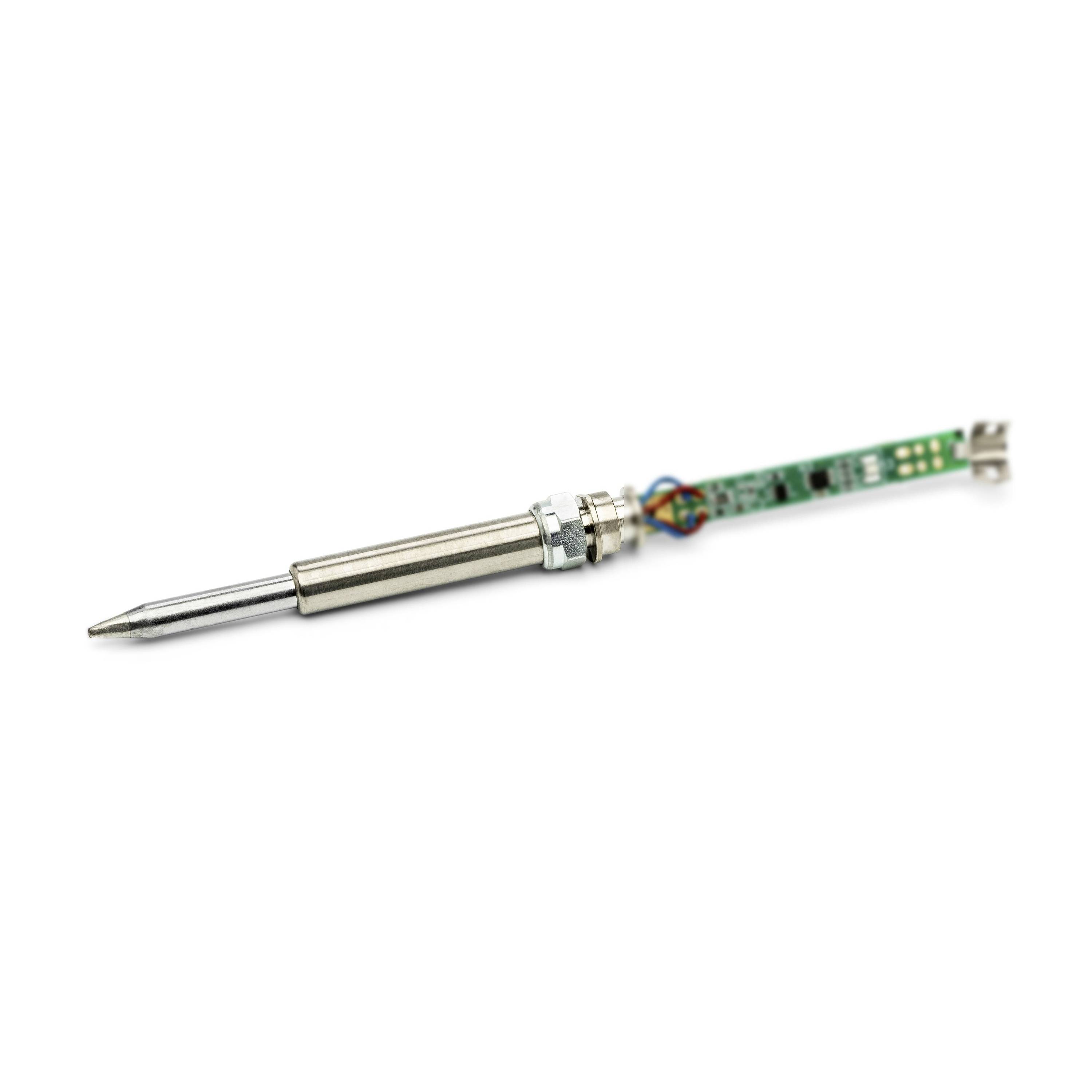 Small electronic soldering iron heating element with metal tip and attached circuit board on a white background
