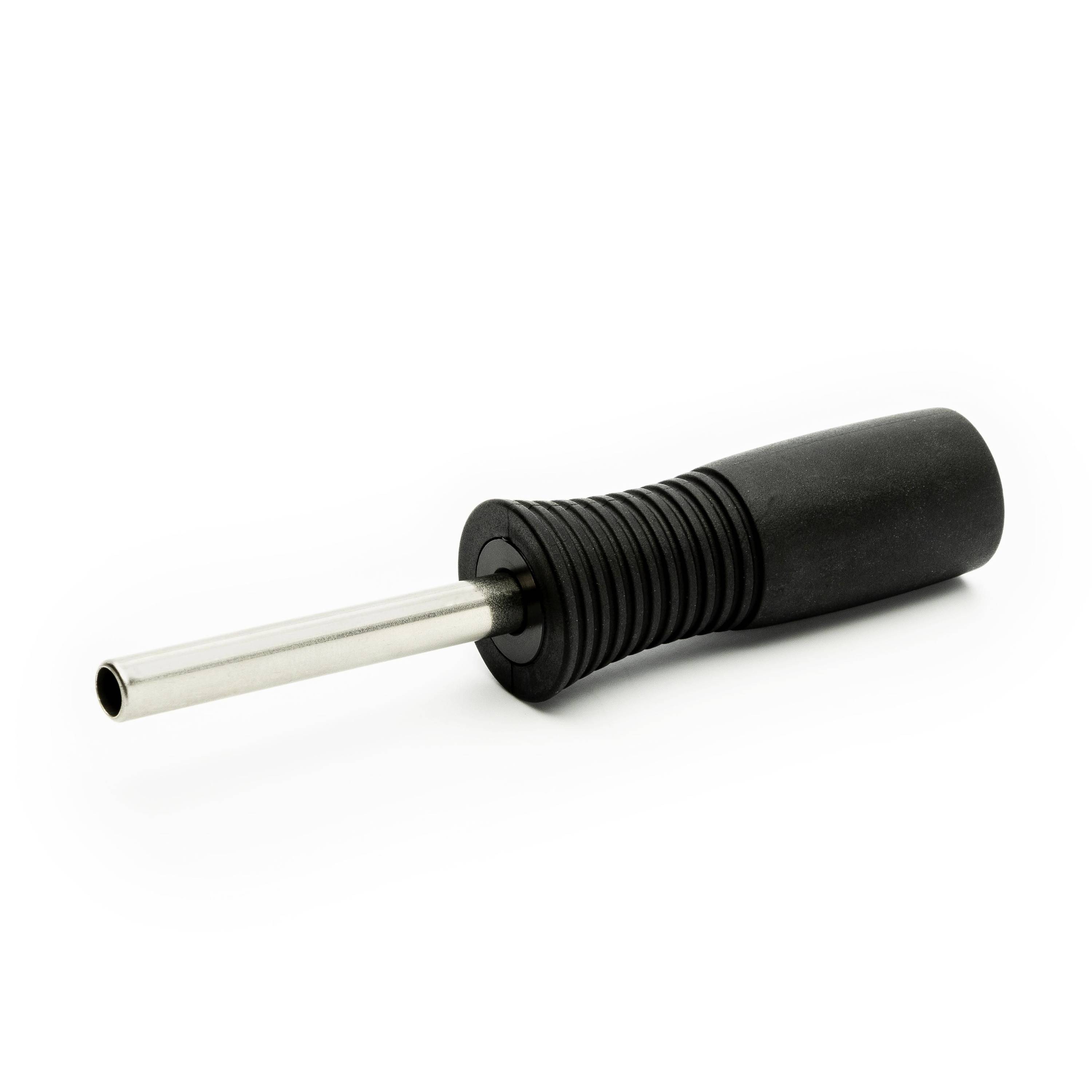 Black-handled metal hand tool with a long cylindrical shaft on a white background.