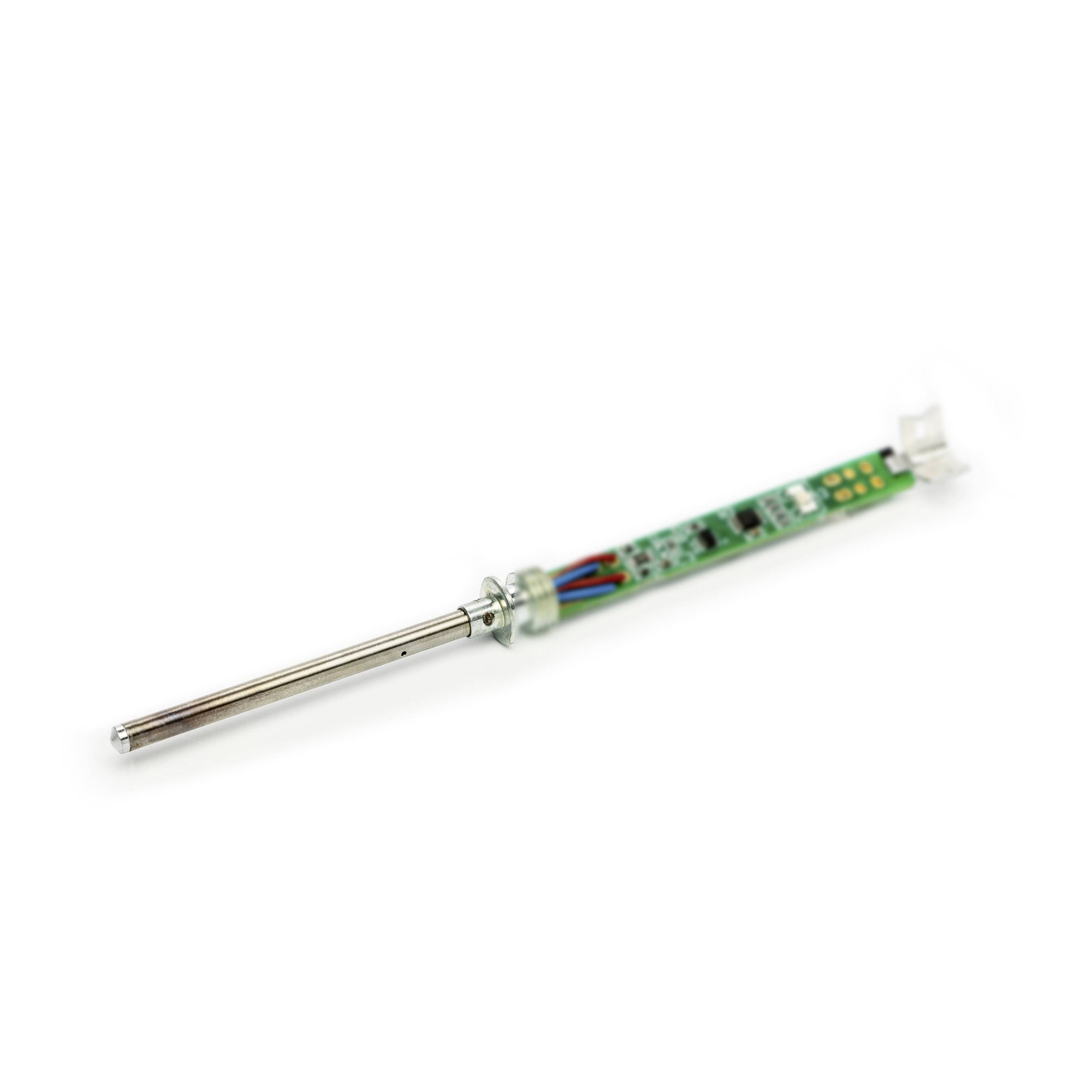 Small electronic probe with a metal sensing rod attached to a green circuit board and connector, shown on a white background.