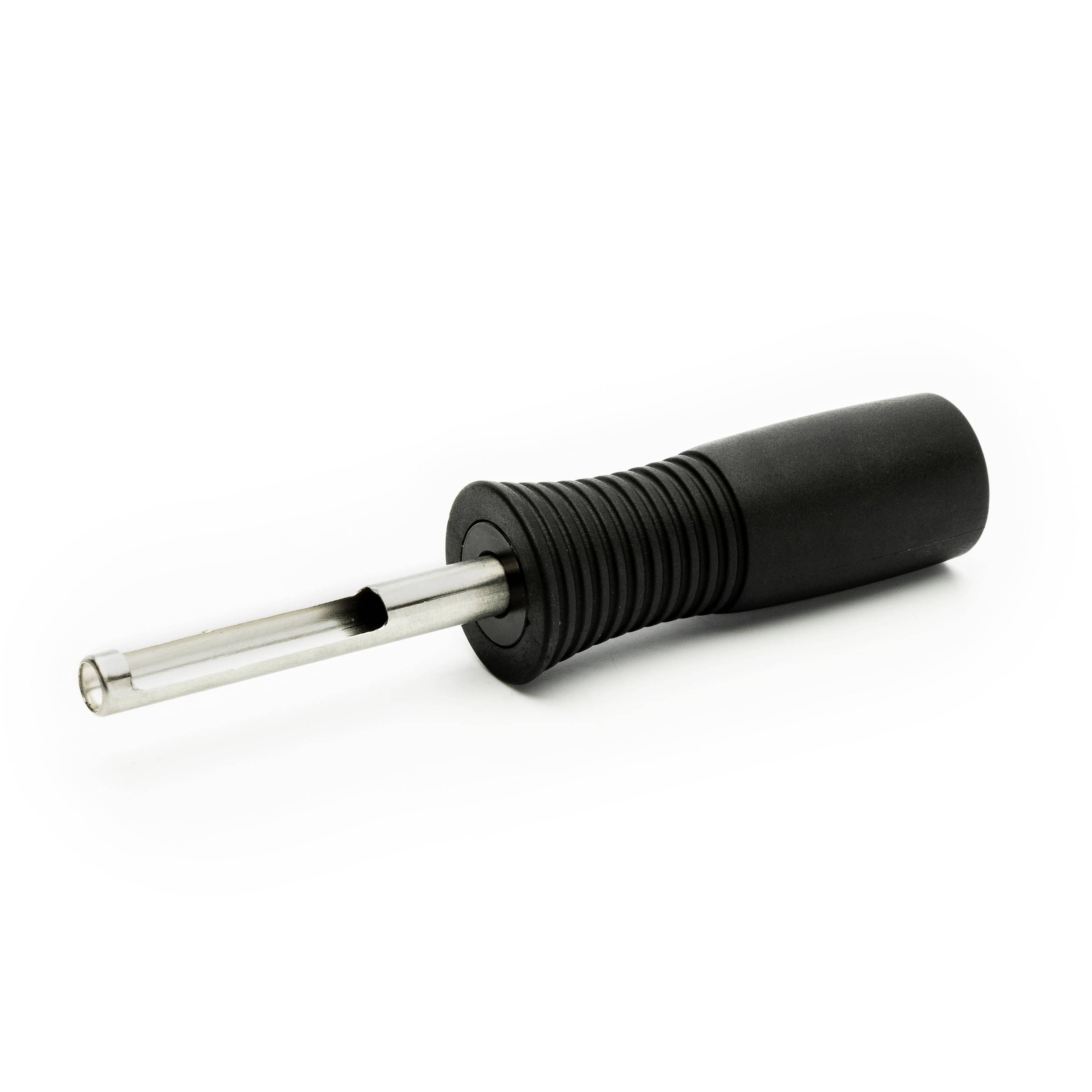 Black-handled utility tool with a metal rod extending from the grip on a plain white background.