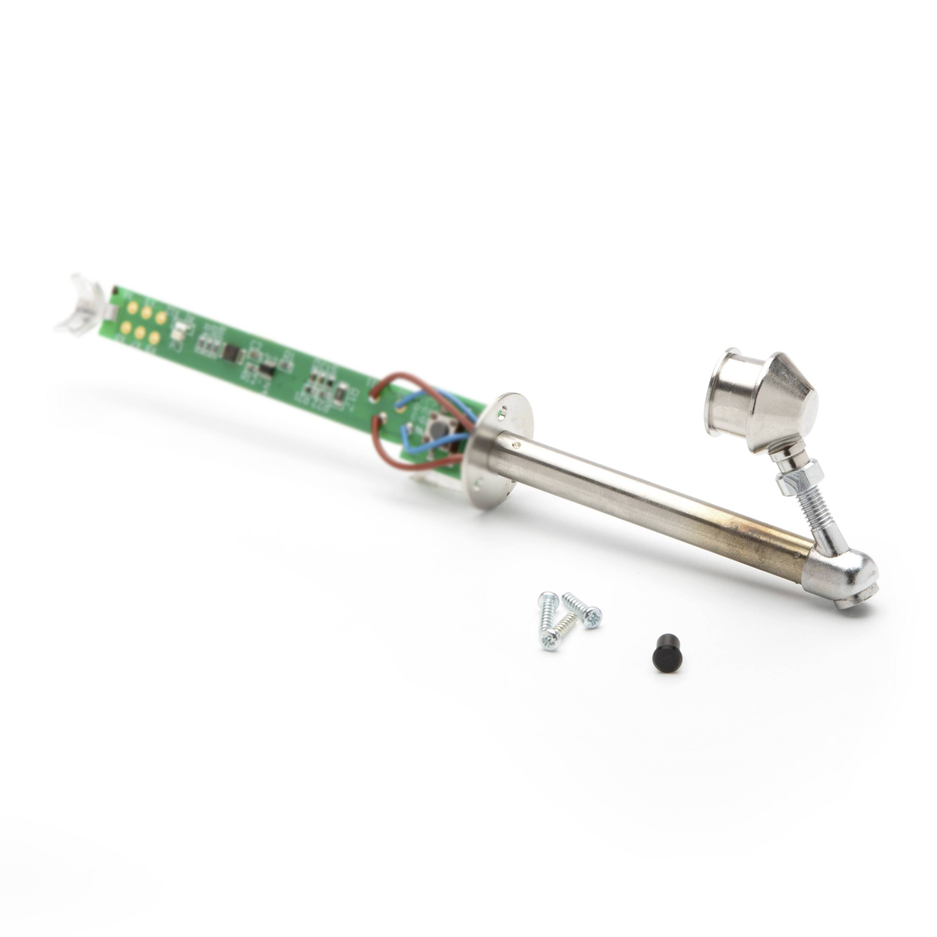 Disassembled metal and electronic sensor probe with circuit board, cable, screws, and small connector on a white background.