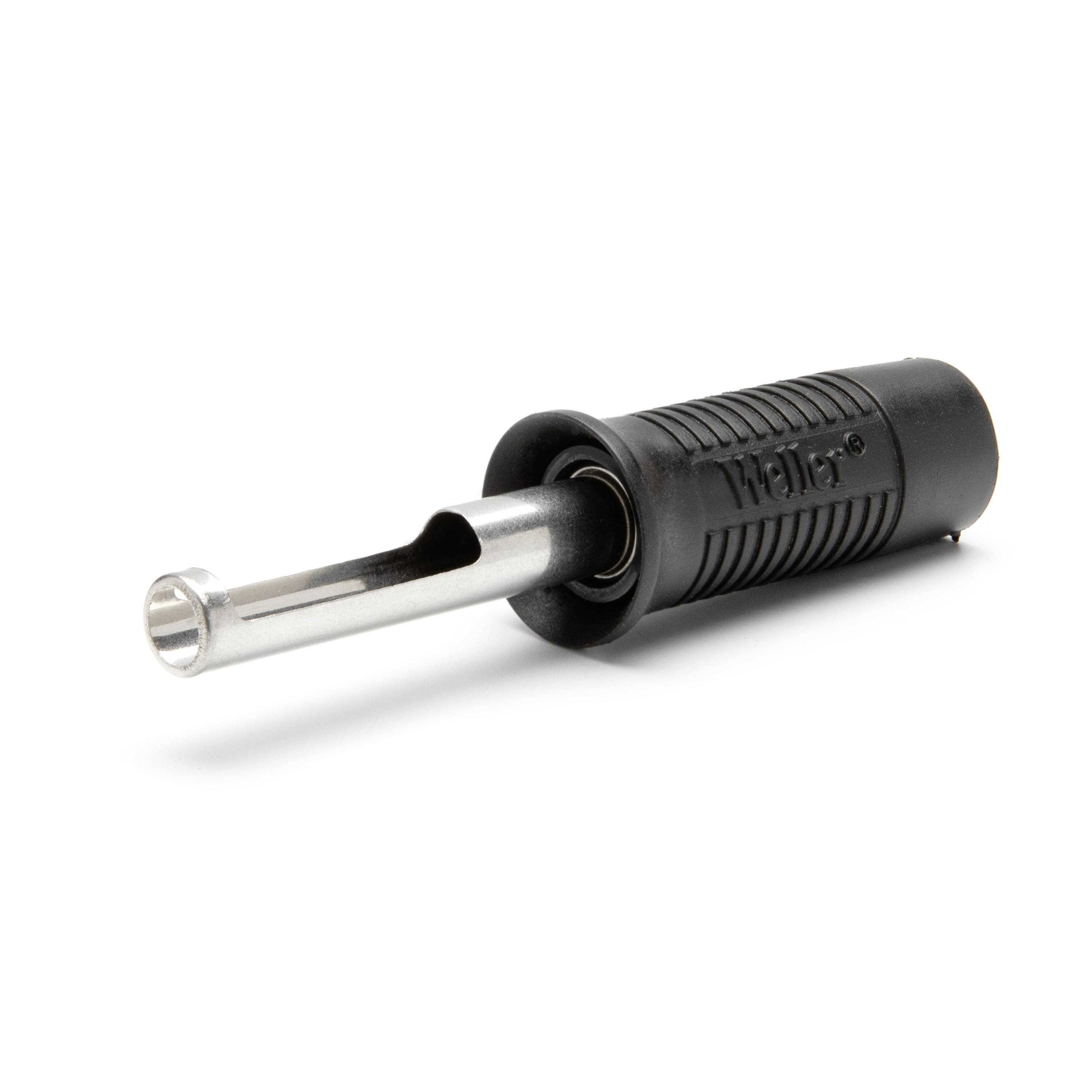 Black and silver banana plug connector on a white background, used for audio or test equipment connections.