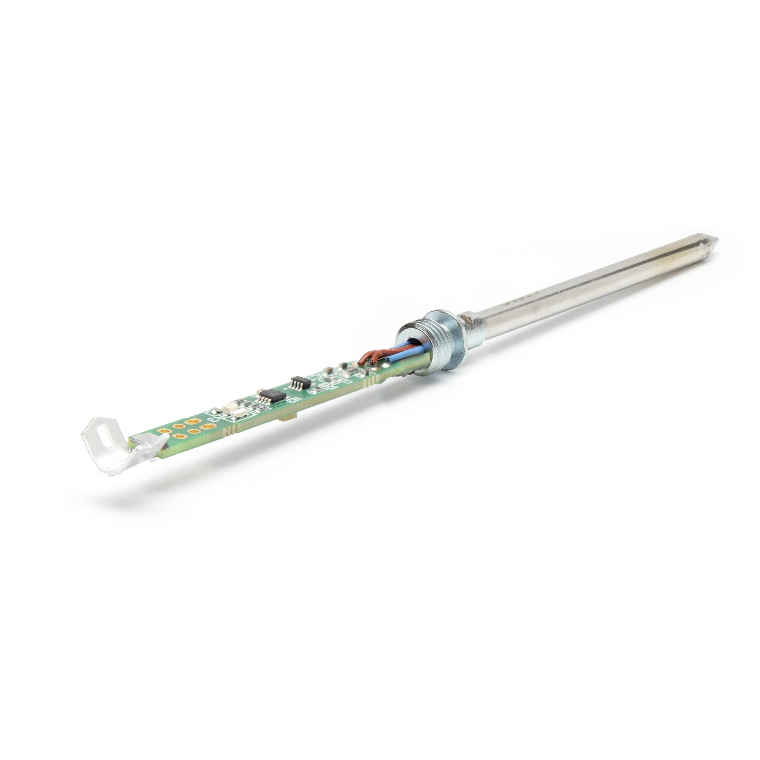 Electronic sensor probe with a circuit board and long metal shaft on a white background.