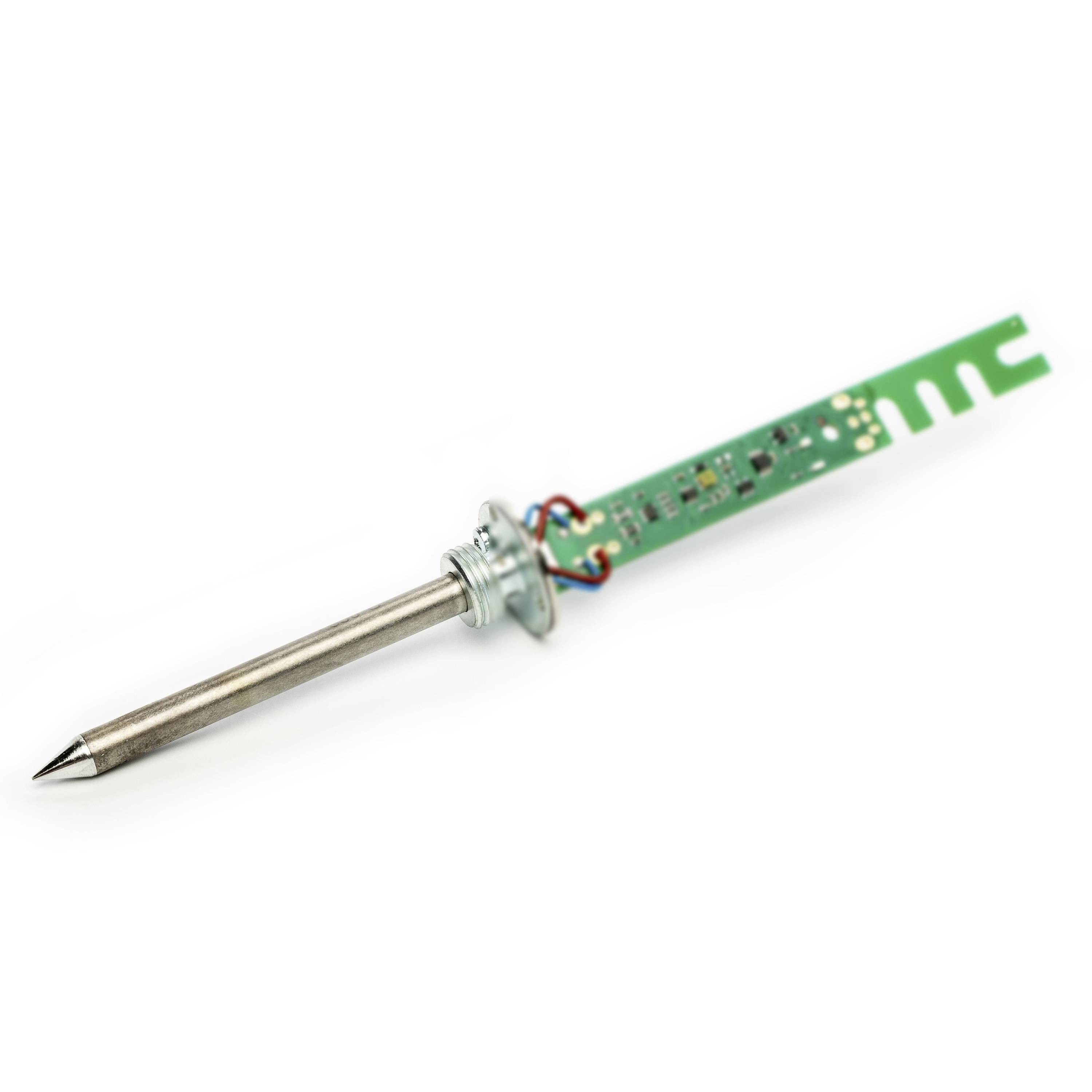Metal temperature probe with pointed shaft and green sensor circuit board on a white background.