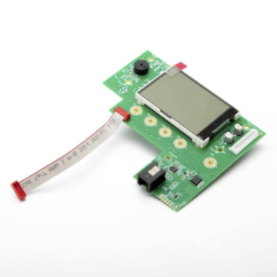 Small green electronic circuit board with an LCD screen, ribbon cable, and button components on a white background.