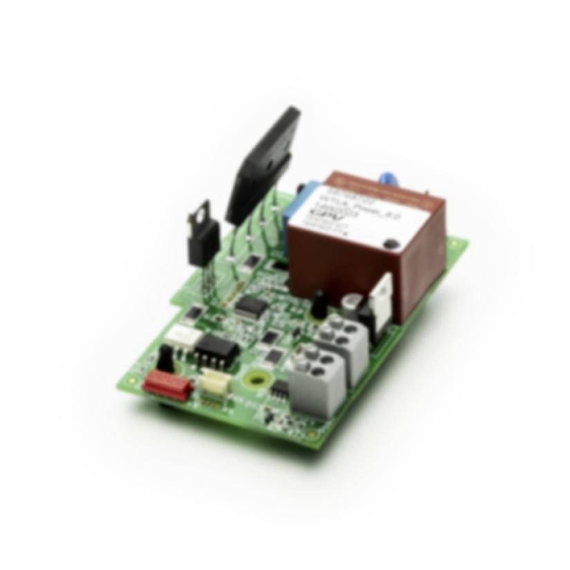 Green circuit board with an electronic relay module and terminal connectors, shown on a white background.
