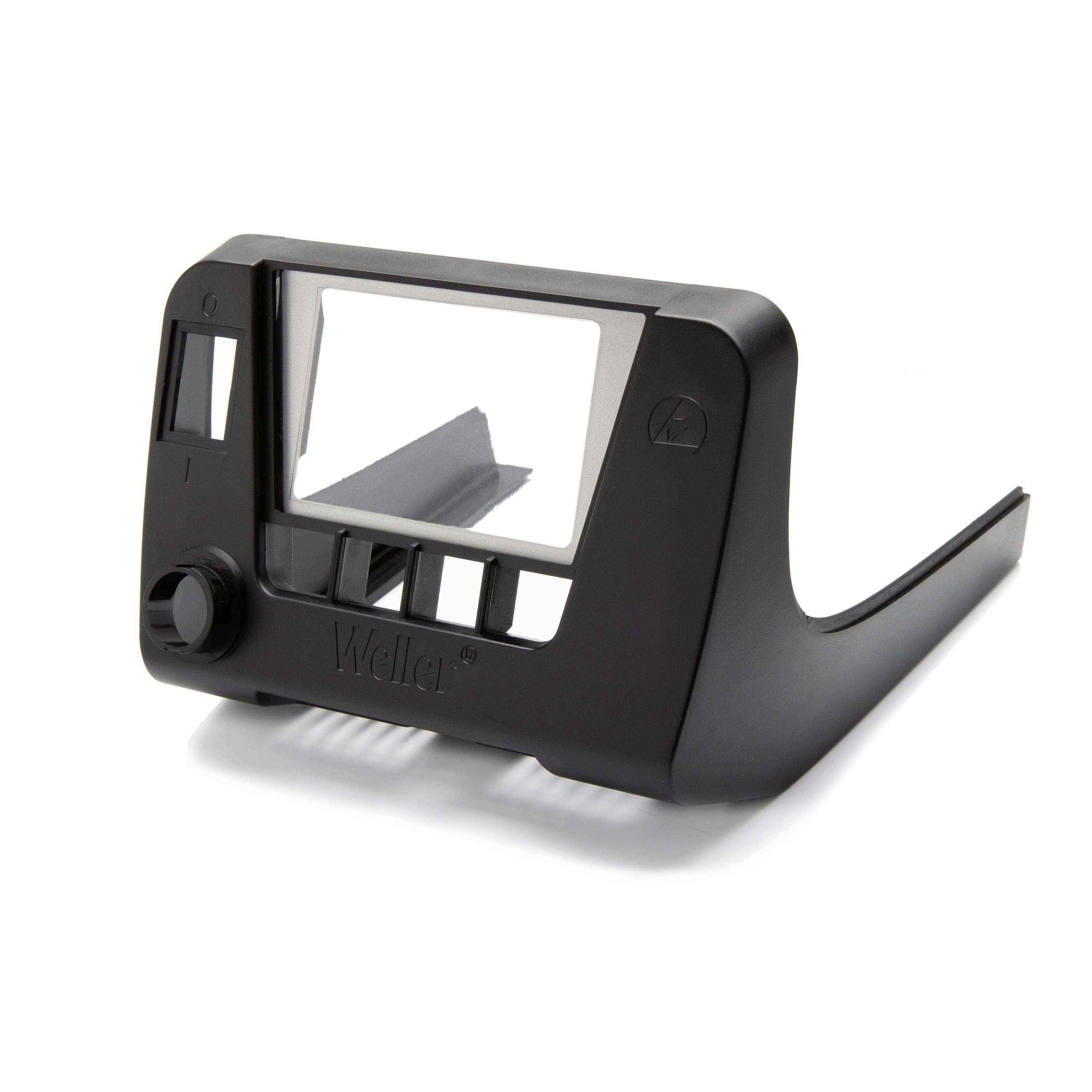Black plastic soldering iron stand with a rectangular cradle and wire holder, shown on a white background.