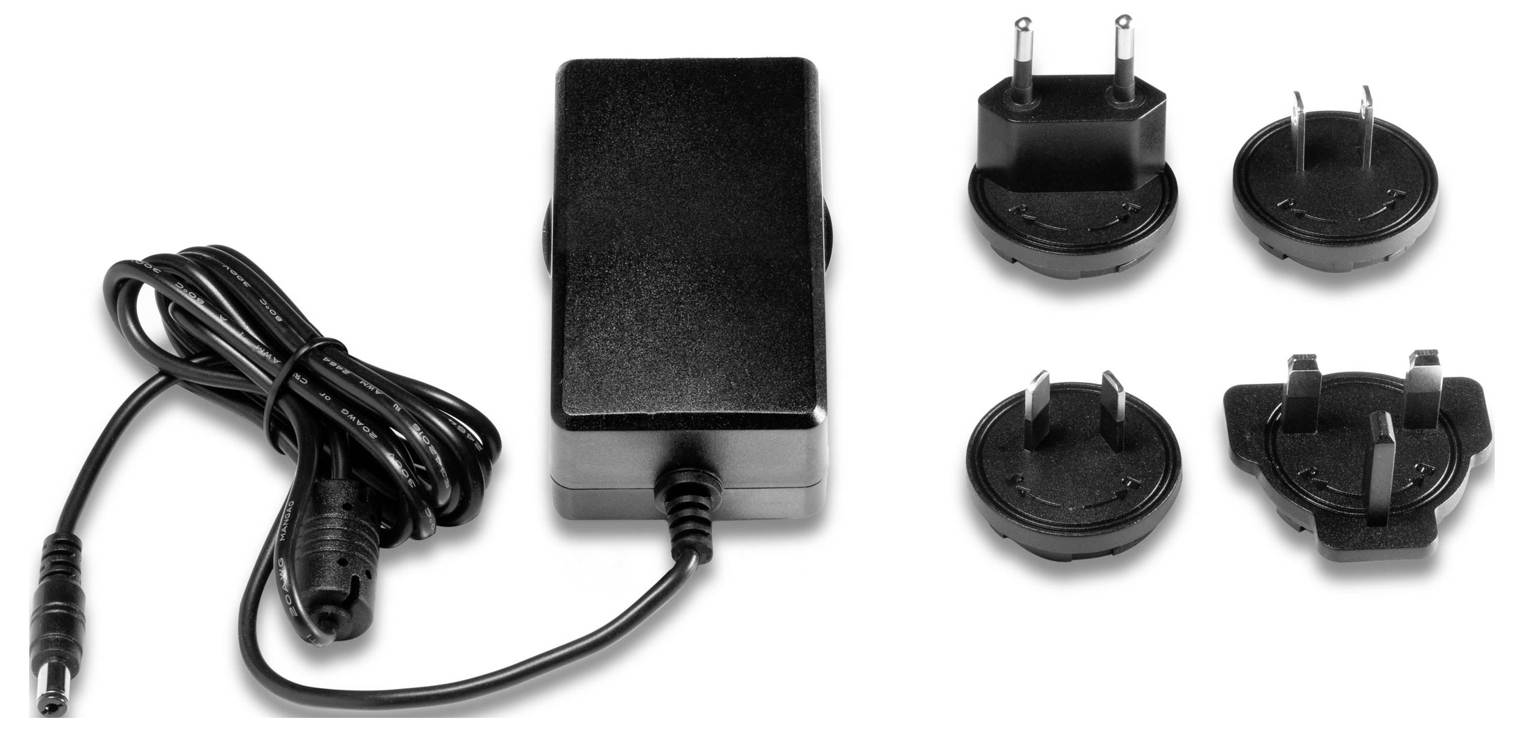Black power adapter with attached cord and four interchangeable plug heads for different outlets.