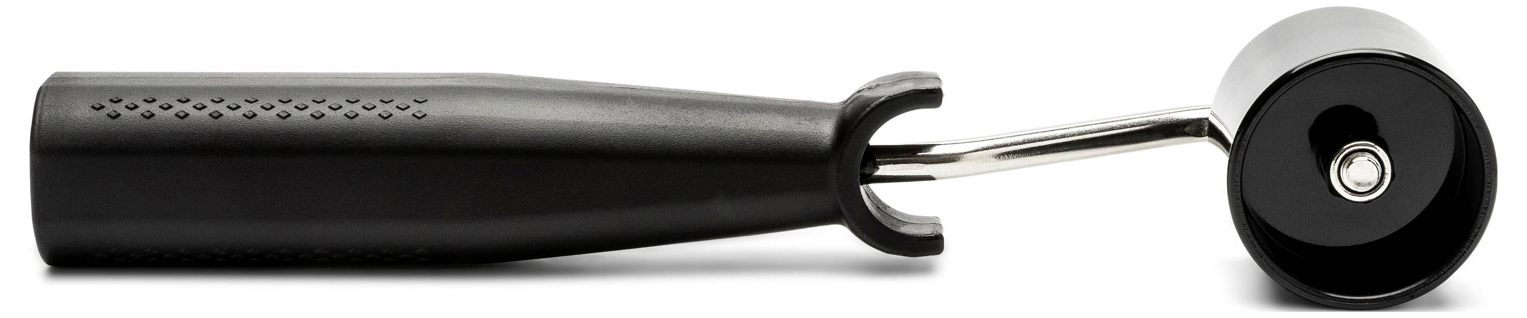 Black-handled manual can opener with a circular cutting wheel on a white background.