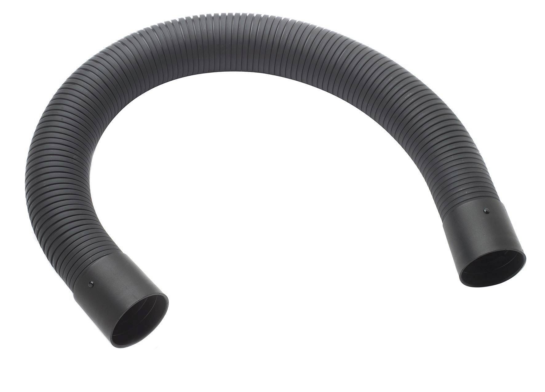 Black corrugated flexible hose bent into a U shape on a white background.