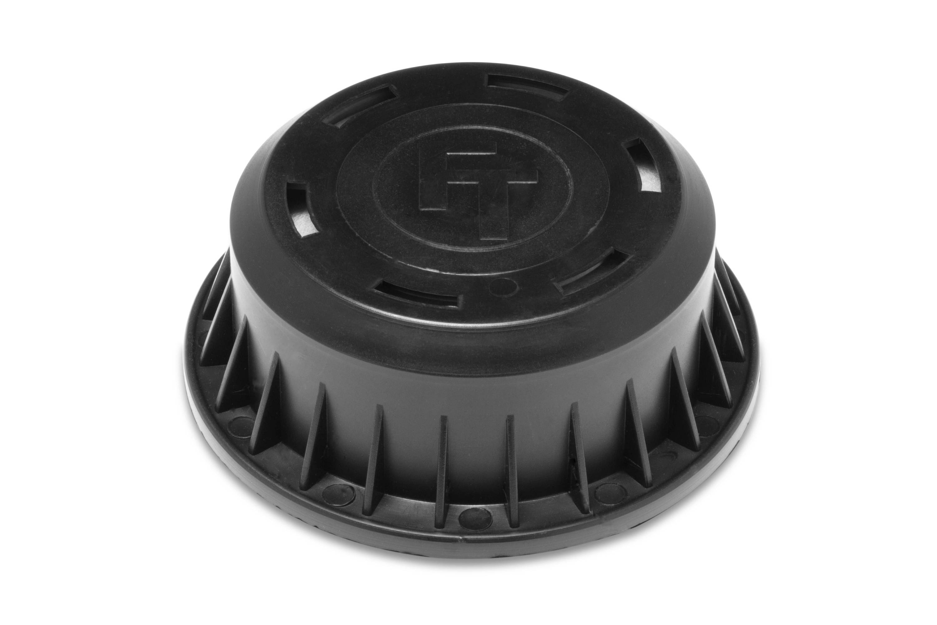 Black plastic round vented cap or cover with raised center logo, shown on a white background.