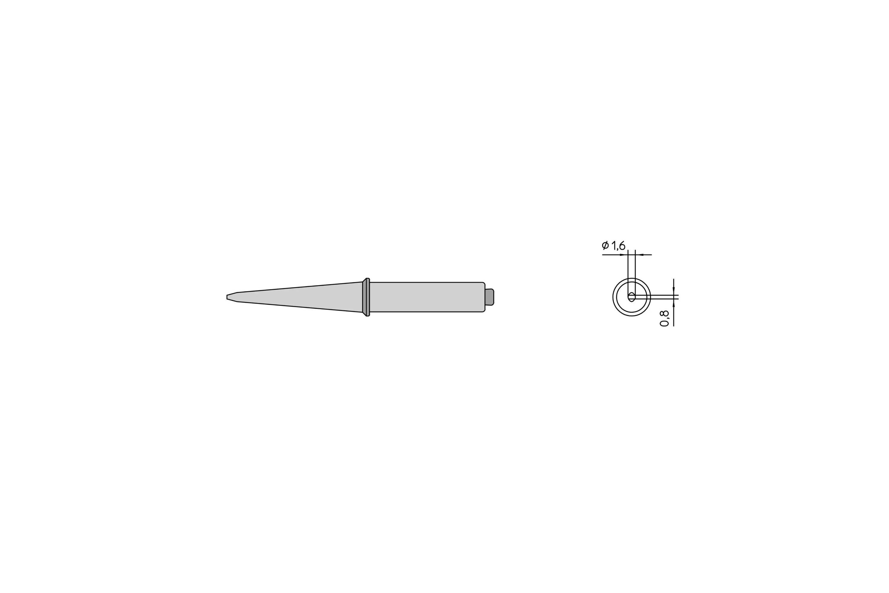 Technical drawing of a cylindrical pin or fastener shown side view and end view, with diameter measurements labeled 1.6 and 0.9.