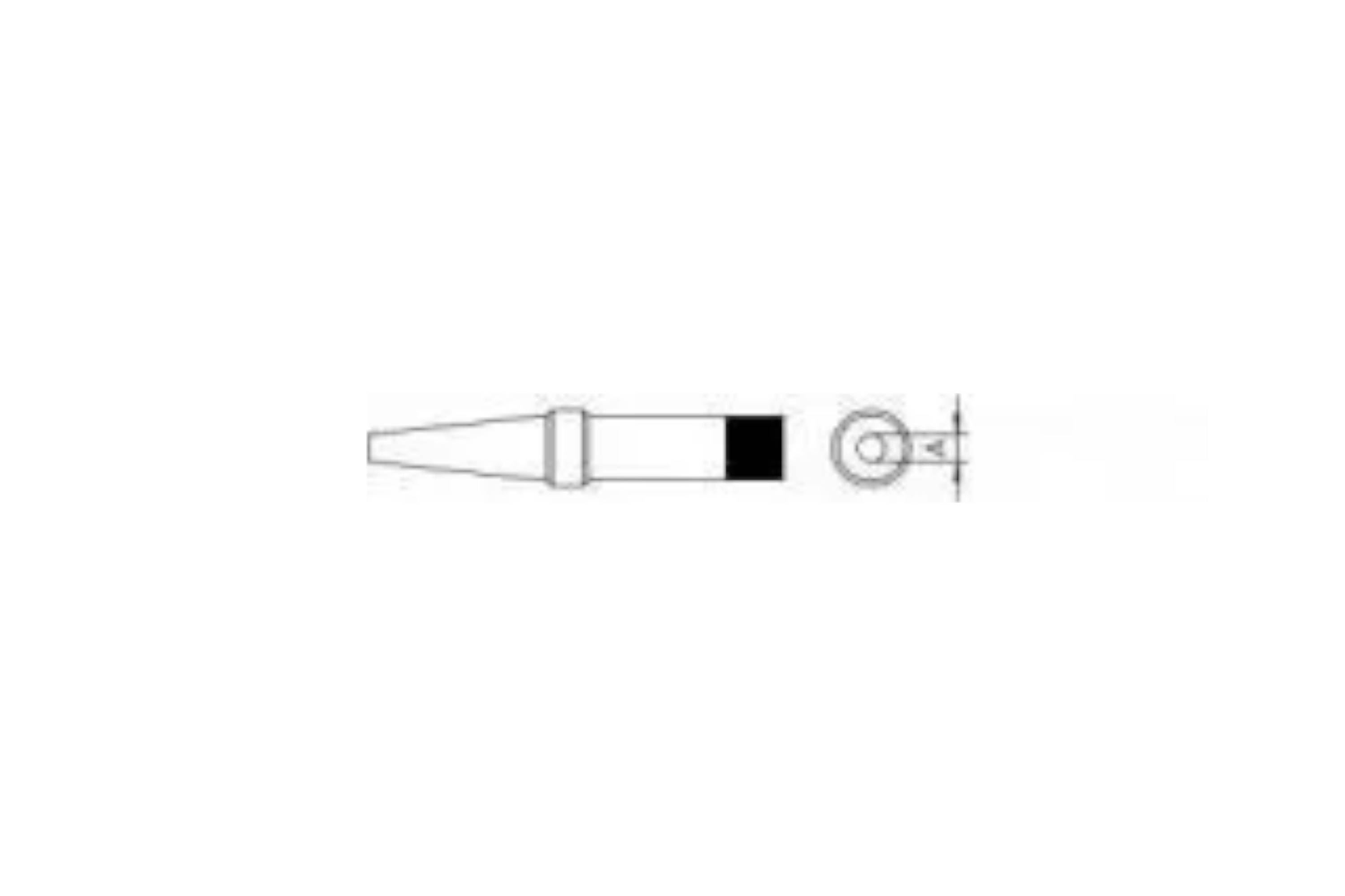 Simple side-view technical drawing of a cylindrical tool or part with a tapered tip, a collar, and a black end section, plus a circular end-view detail.