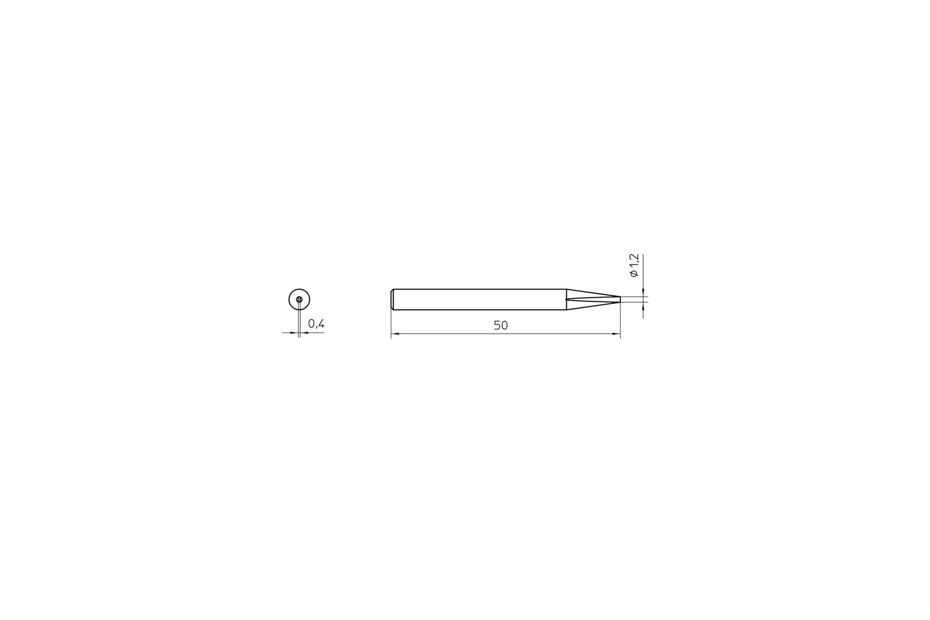 Technical drawing of a small cylindrical pin or nozzle, labeled 50 mm long with 0.4 and 0.12 diameter dimensions.