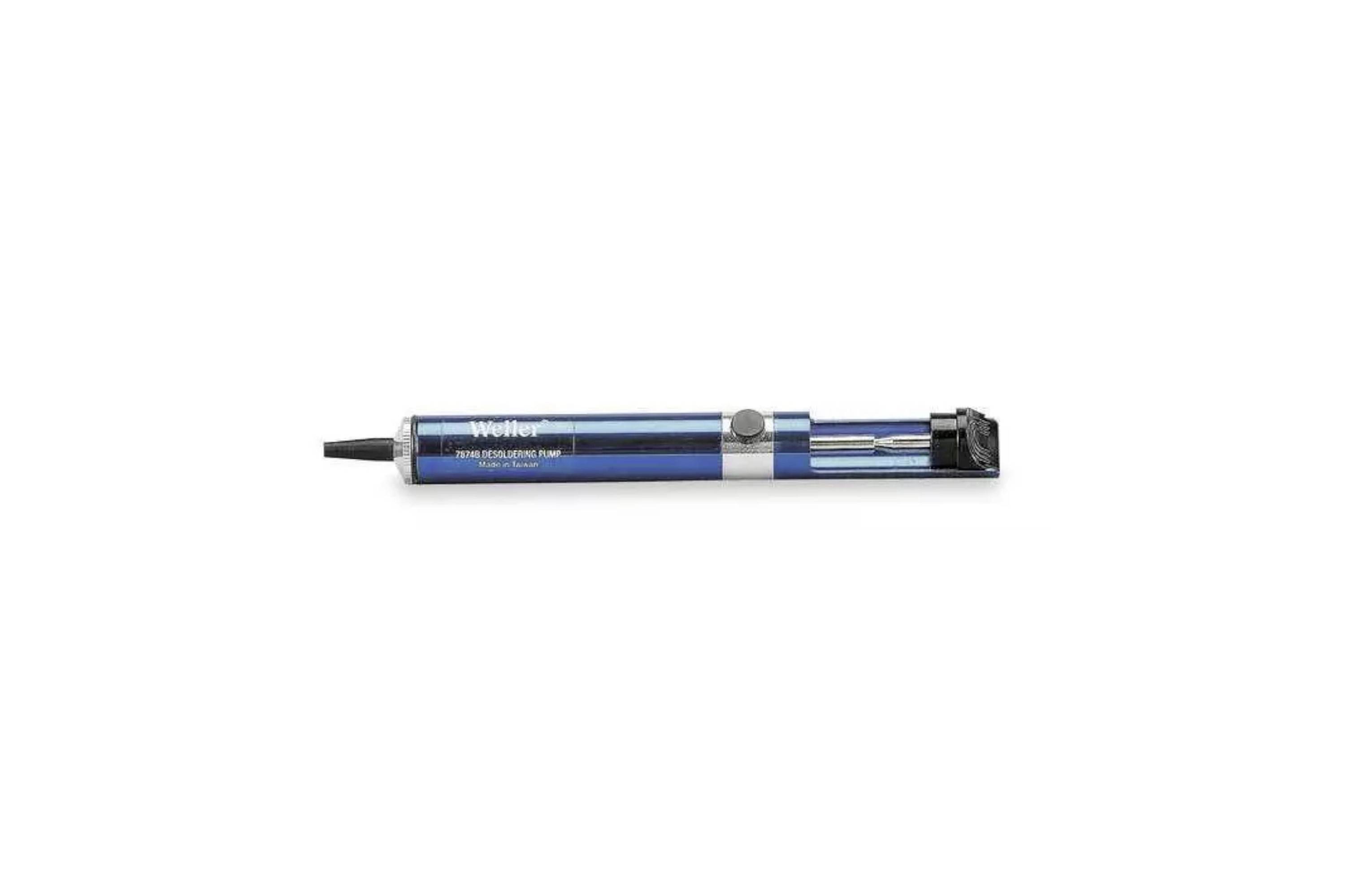 Blue Weller electric soldering iron pen with black tip and power cord, shown horizontally on a white background.