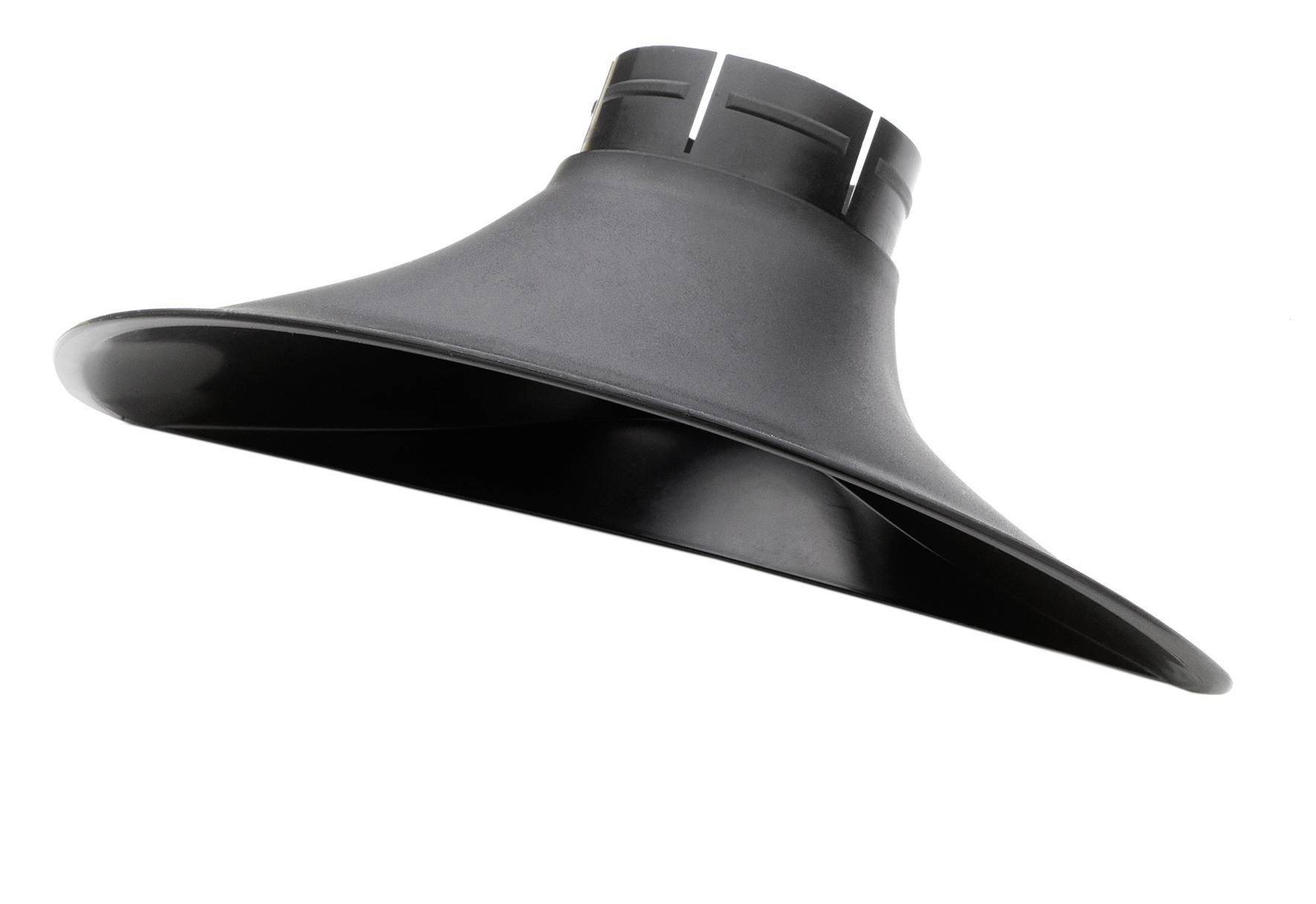 Black flared ventilation hood with a round duct connector, shown on a white background.