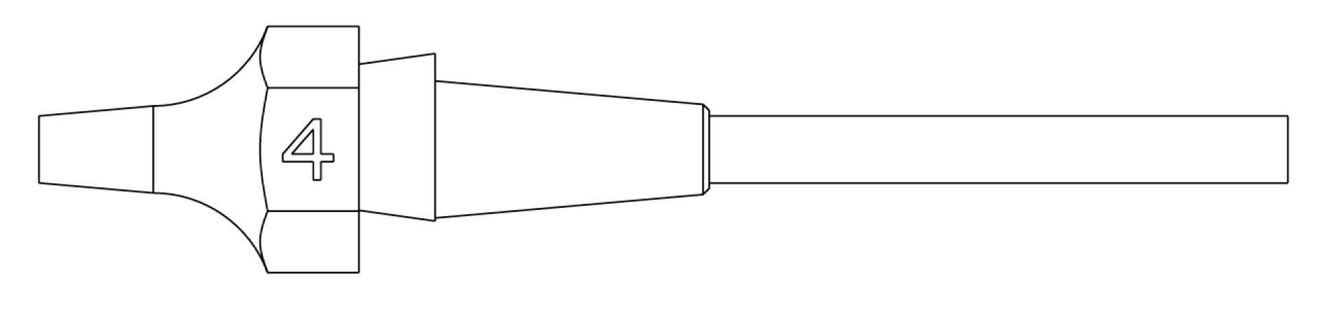 Line drawing of a mechanical part or connector with a central square marked 4, tapering to a long rectangular shaft.