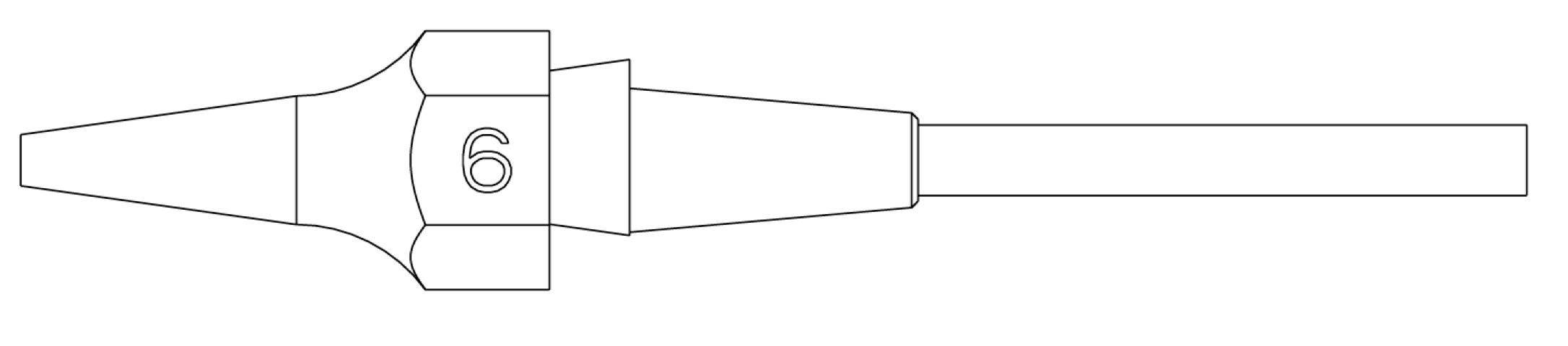 Line drawing of a tapered connector or tool part with a central hexagonal section labeled 6 and a long rectangular shaft extending to the right.