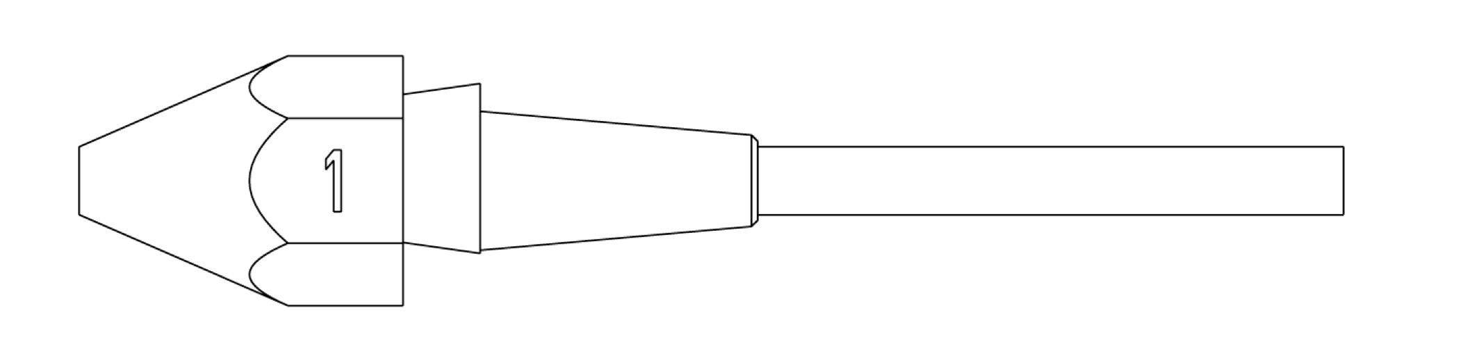 Line drawing of a handheld cone-shaped device with a long cylindrical handle, shown in side view.