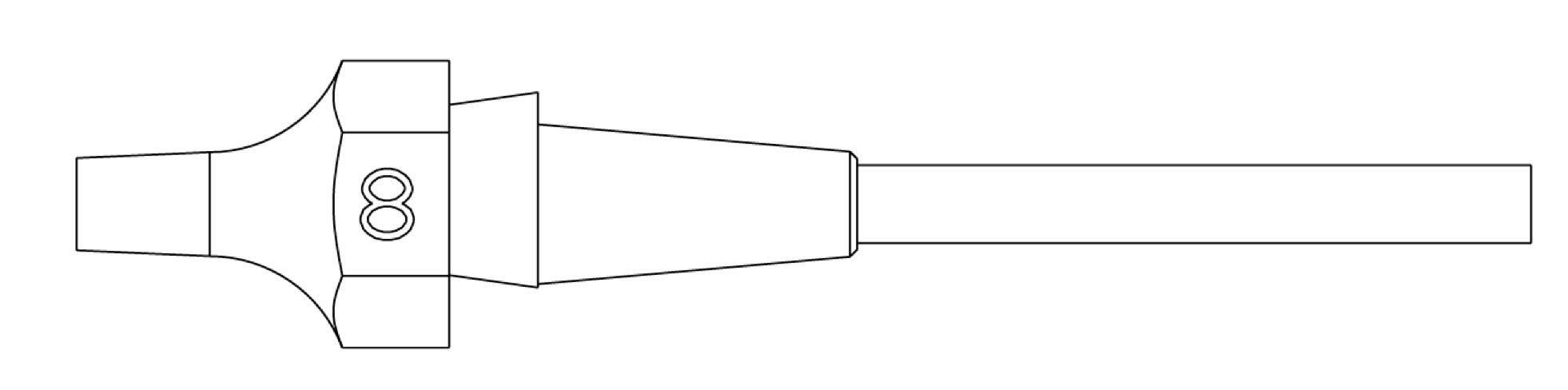 Line drawing of a nozzle or connector fitting with a large central hexagonal section marked 8 and a long cylindrical shaft extending right.