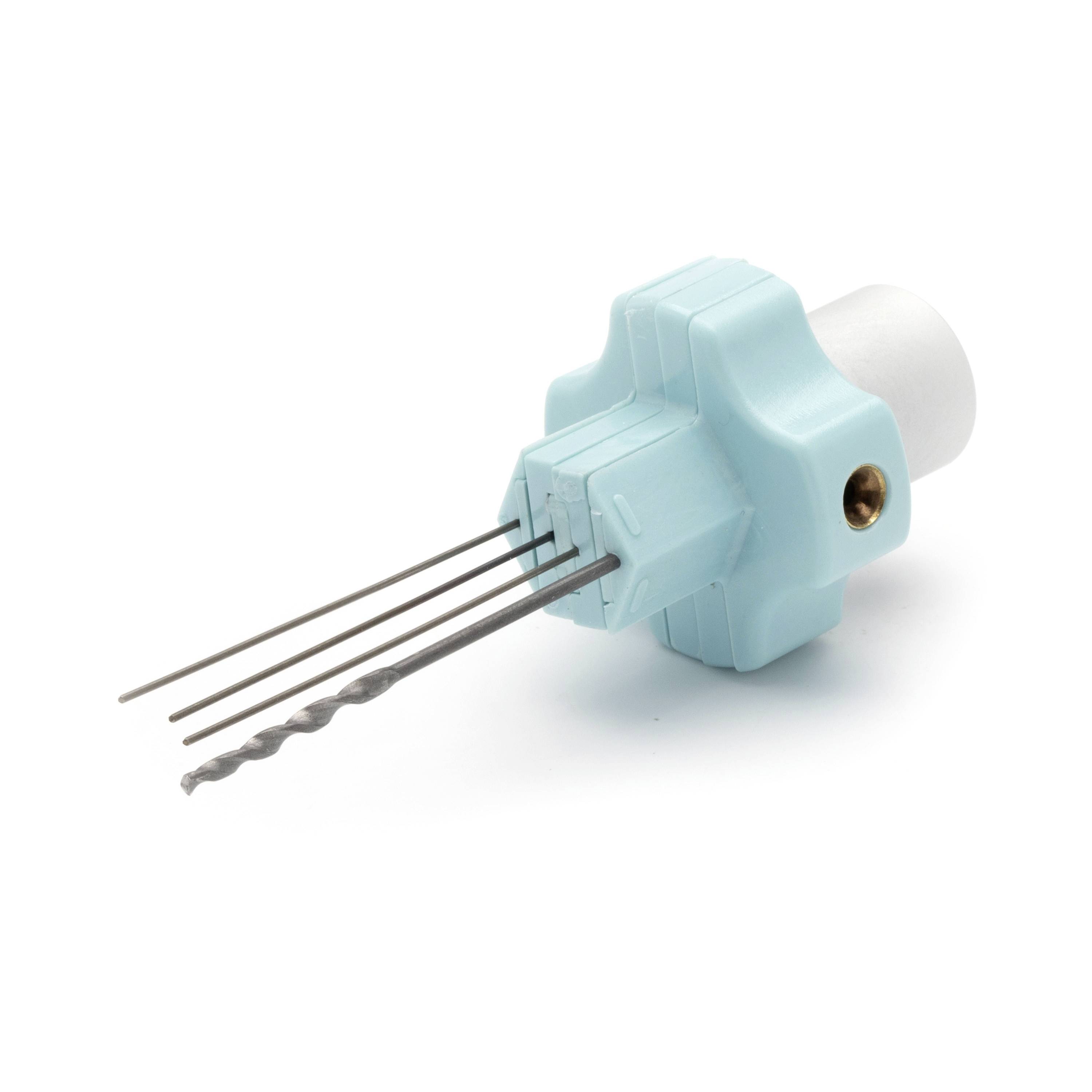 Blue plastic tool with three metal needles and a drill bit, shown on a white background