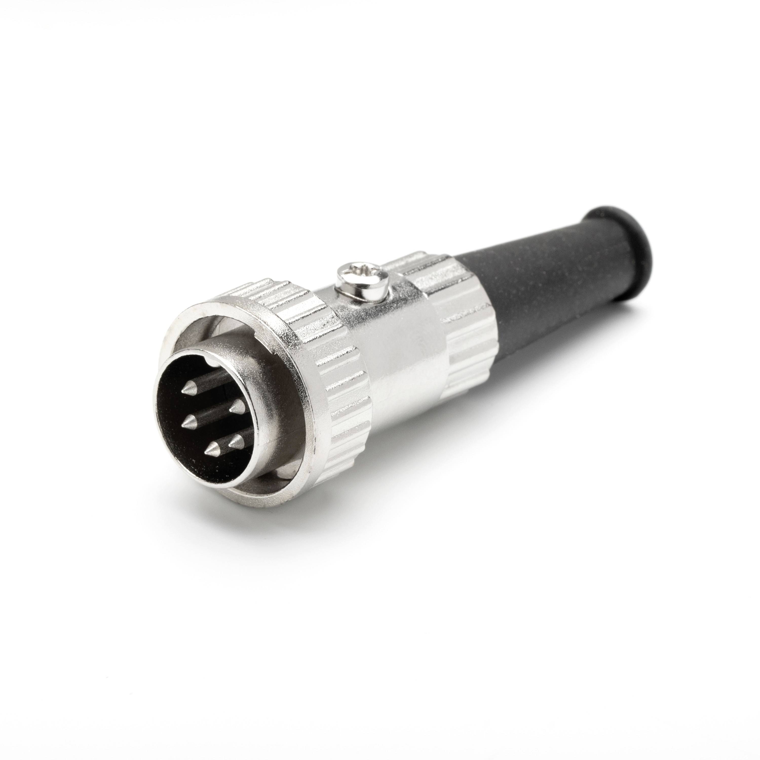 Close-up of a 4-pin circular metal cable connector with a black strain relief on a white background.