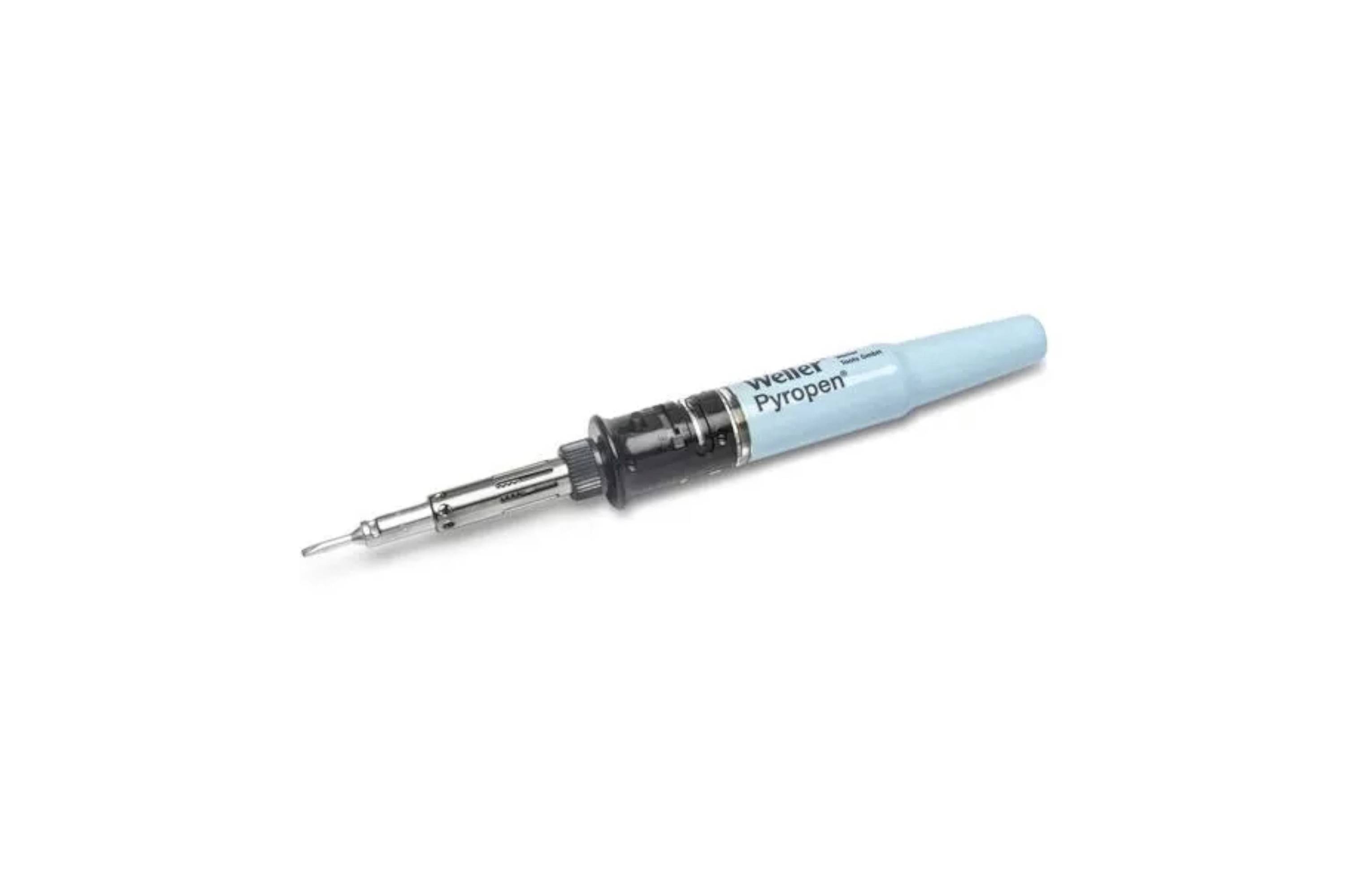 Disposable blue lancet-style blood sampling device shown on a white background, labeled 'Never Pyropen'.