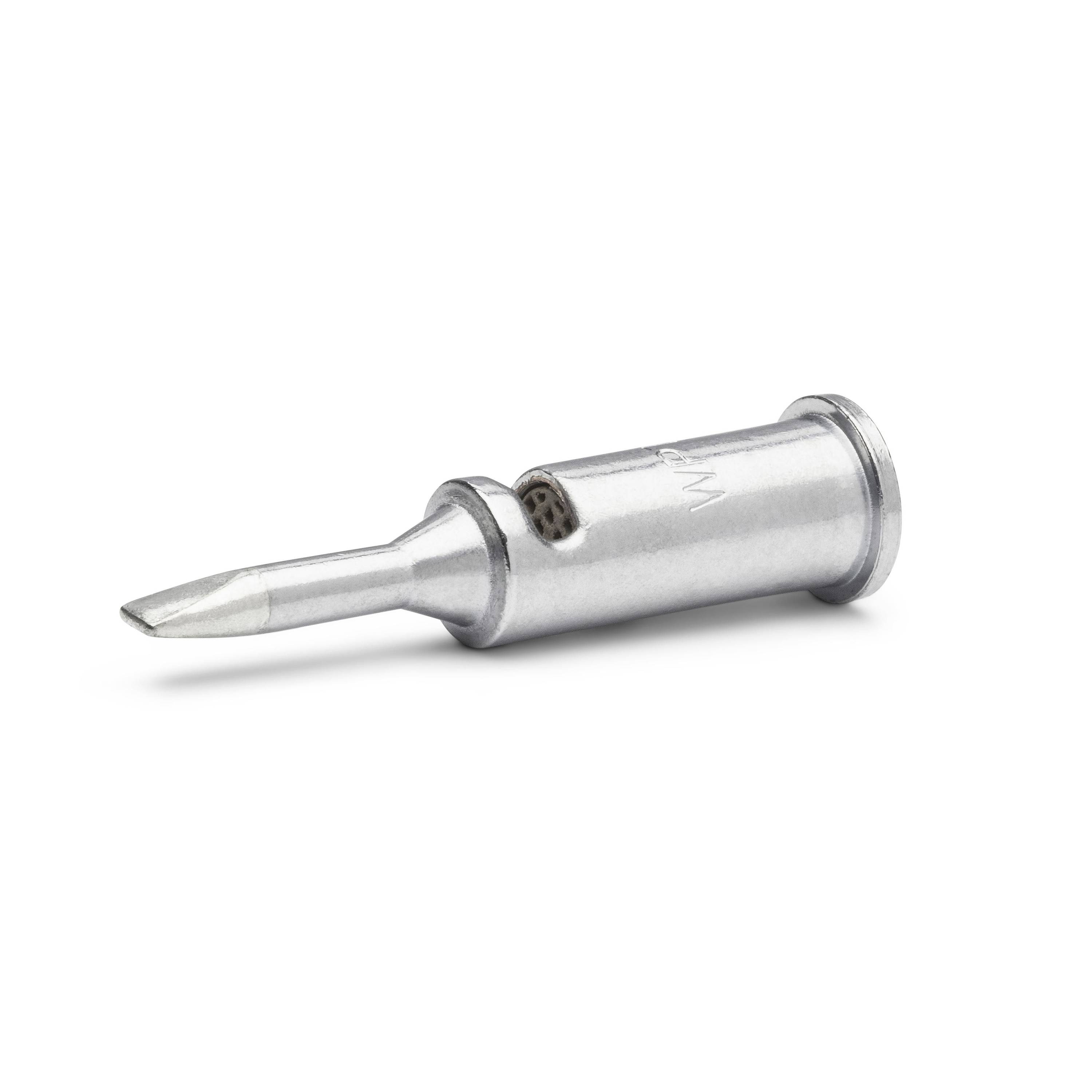 Close-up of a silver metal soldering iron tip on a white background, shown diagonally with a pointed end.