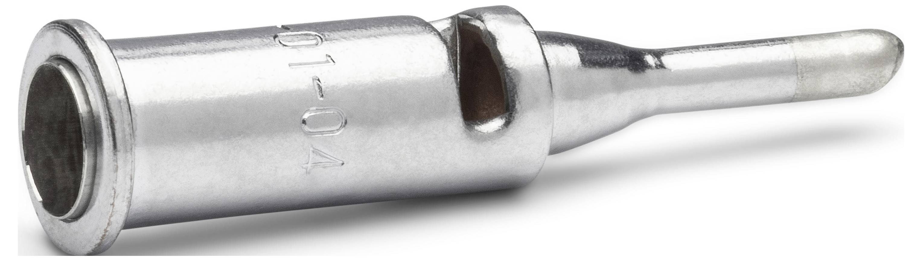 Metal connector adapter with a cylindrical silver body and tapered nozzle, shown on a white background.