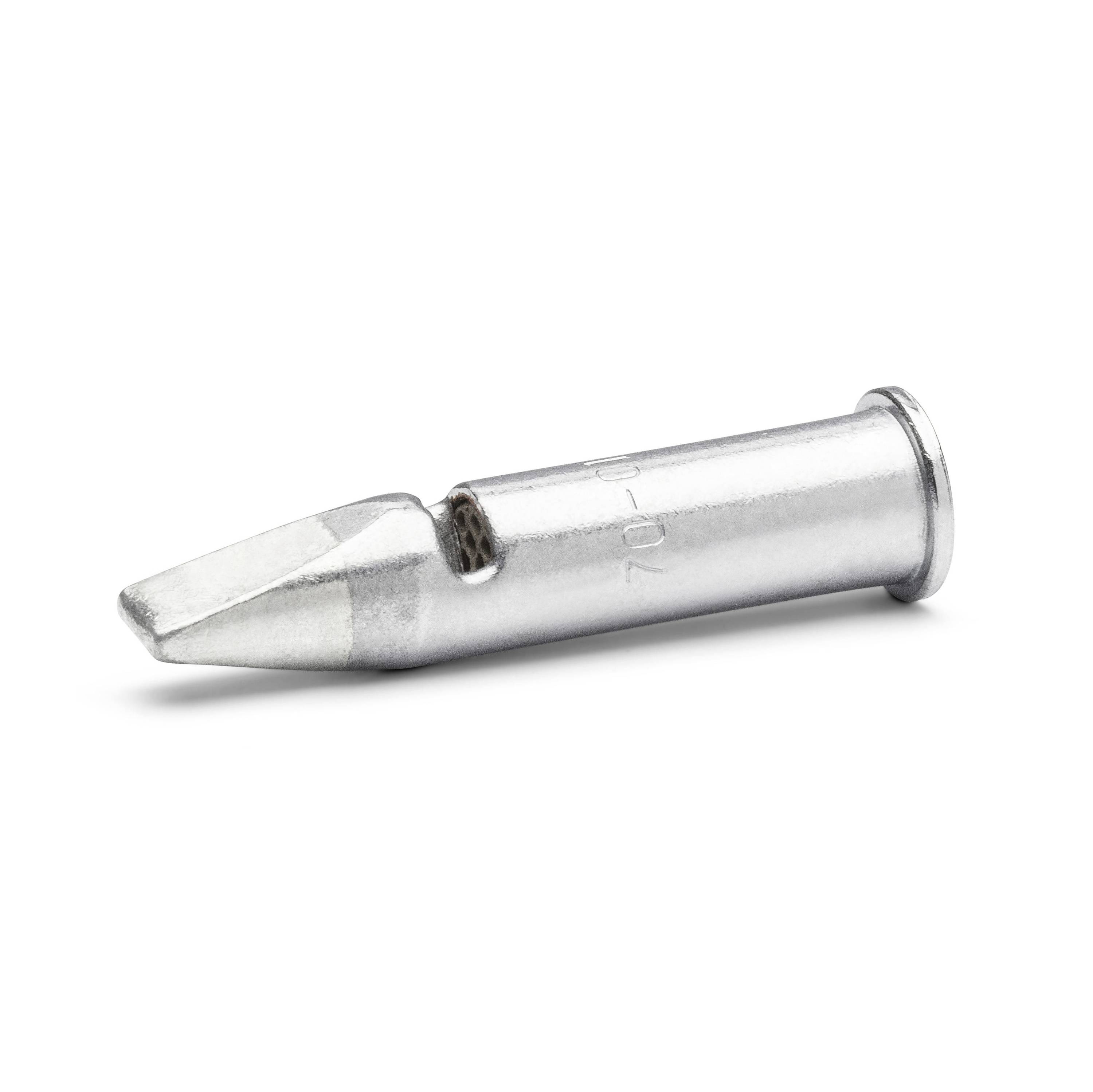 Metal soldering iron tip with a pointed chisel end and cylindrical connector, shown isolated on a white background.