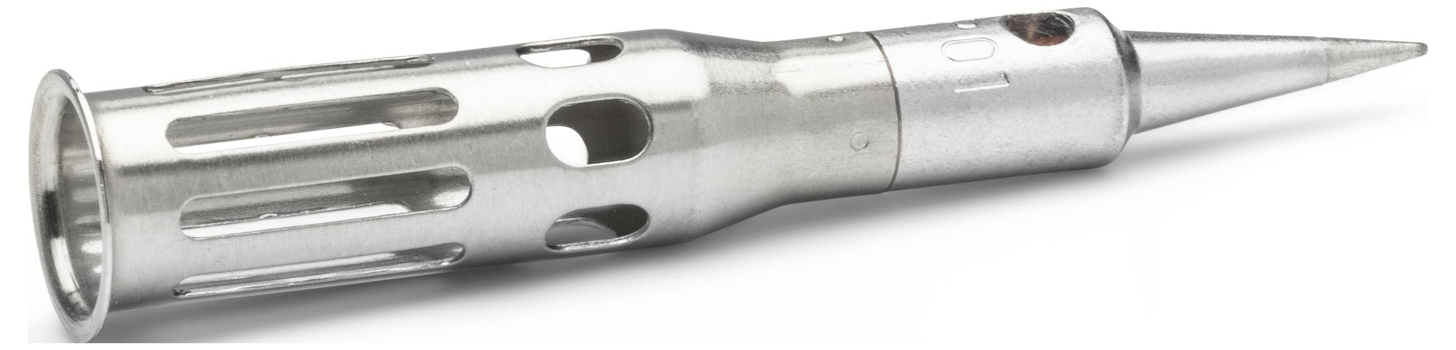 Metal automotive bullet-shaped perforated exhaust tip or muffler on a white background